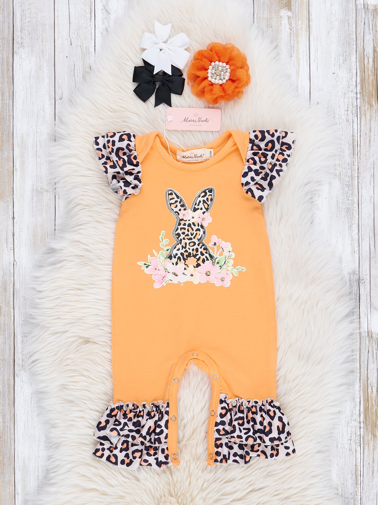 Orange Leopard Bunny Garden Ruffle Romper - Marie Nicole Clothing