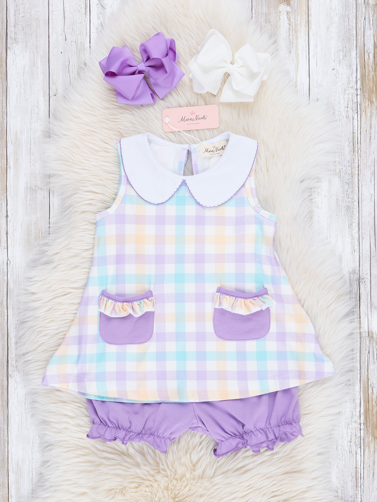 Lilac Pastel Plaid Ruffle Bloomers Outfit - Marie Nicole Clothing