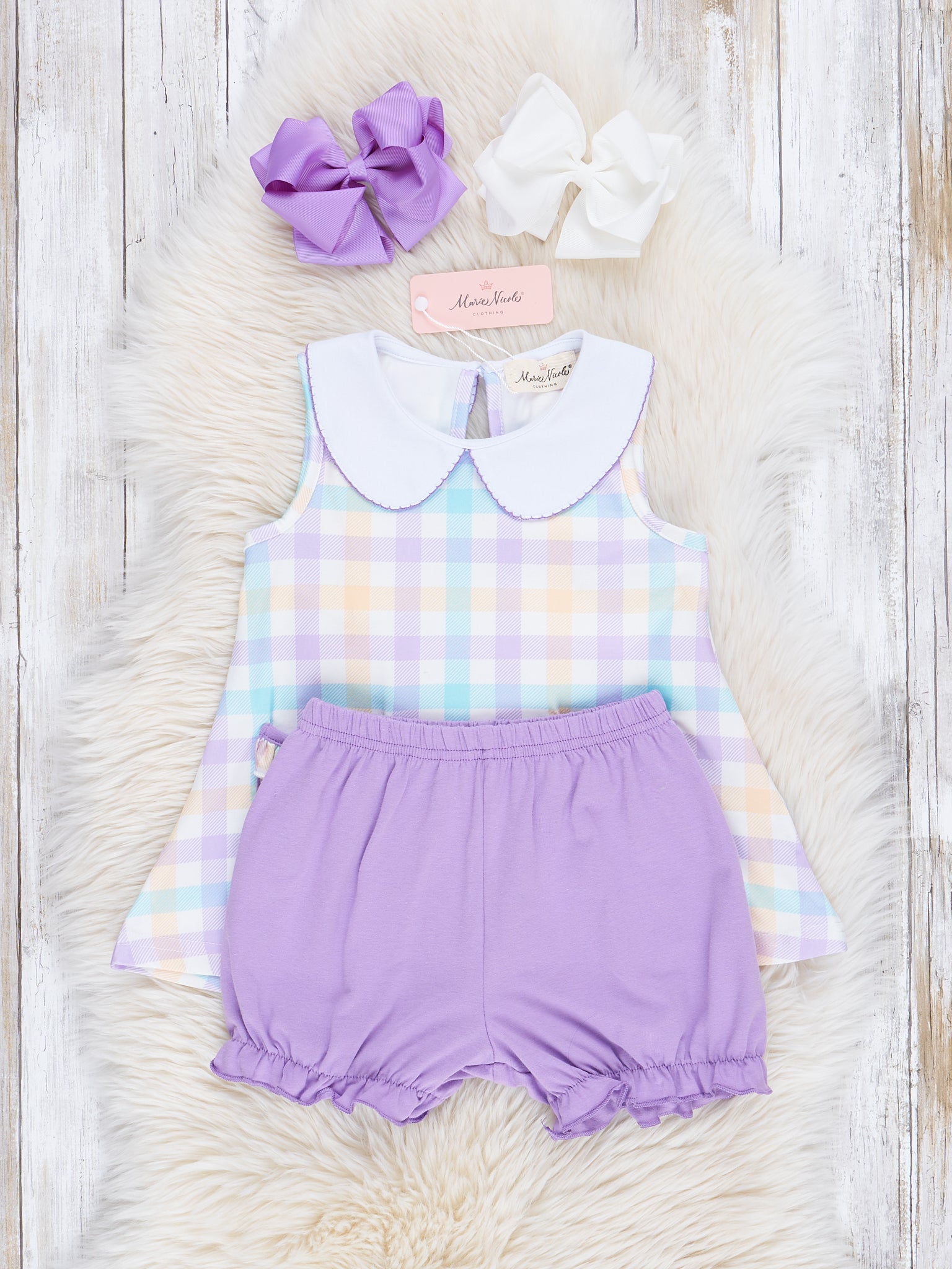 Lilac Pastel Plaid Ruffle Bloomers Outfit - Marie Nicole Clothing