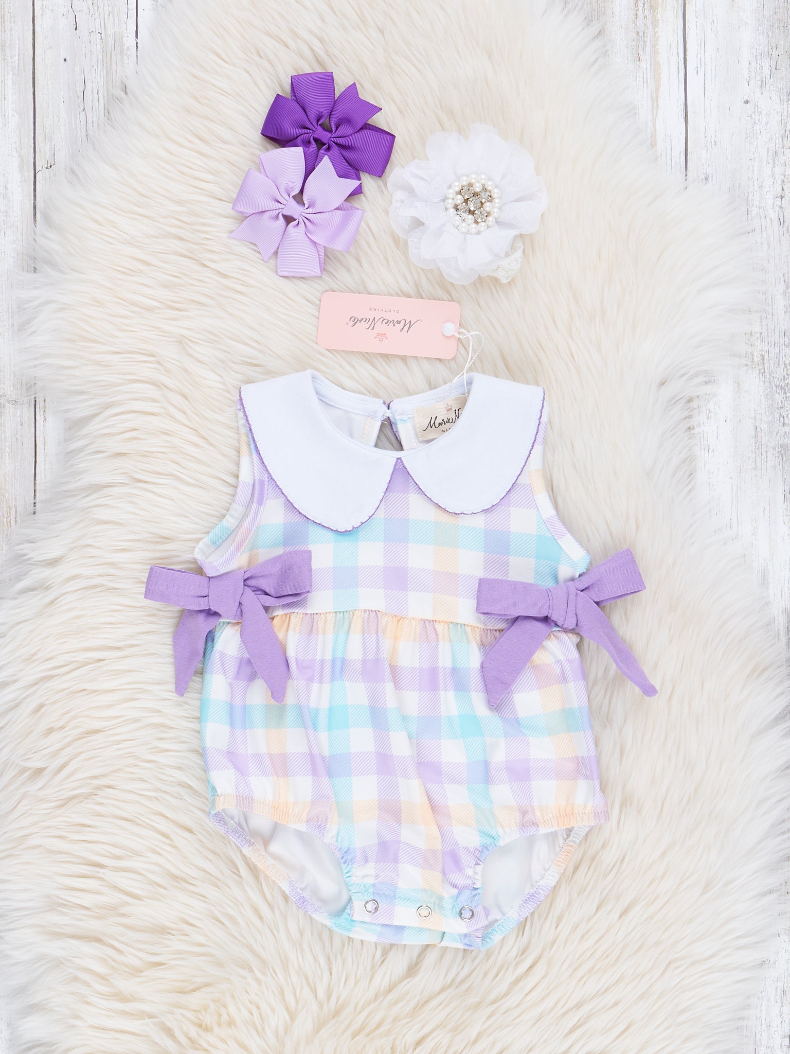 Lilac Pastel Plaid Ruffle Bubble Romper - Marie Nicole Clothing