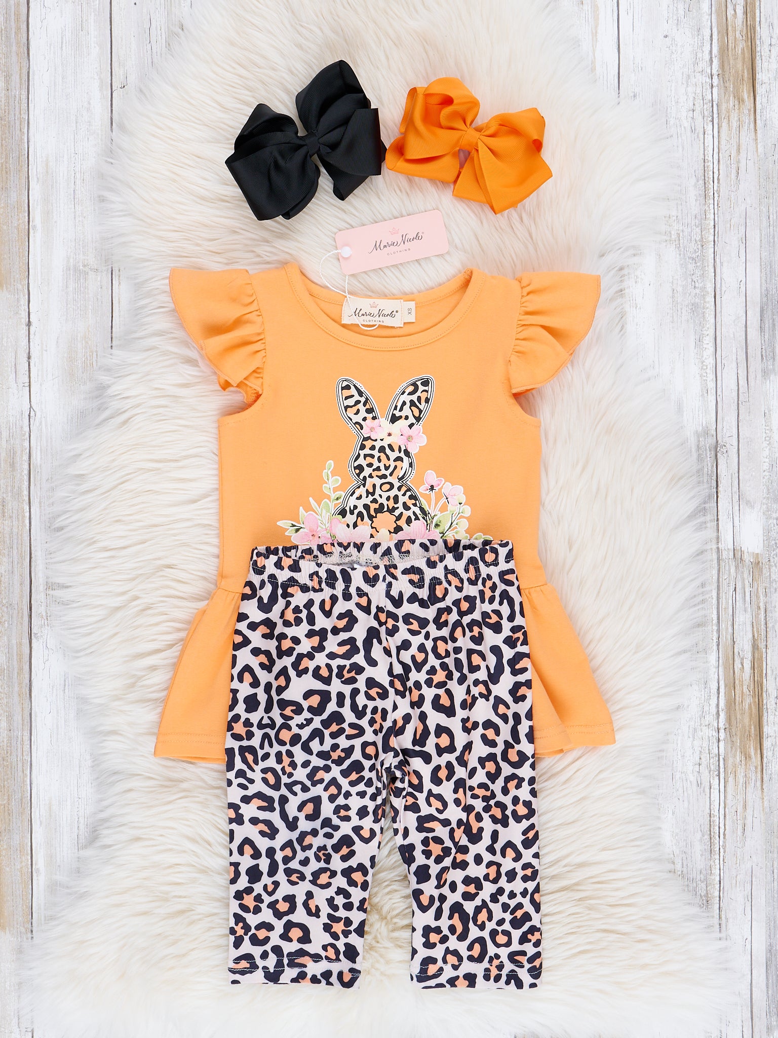 Orange Leopard Bunny Garden Ruffle Outfit - Marie Nicole Clothing