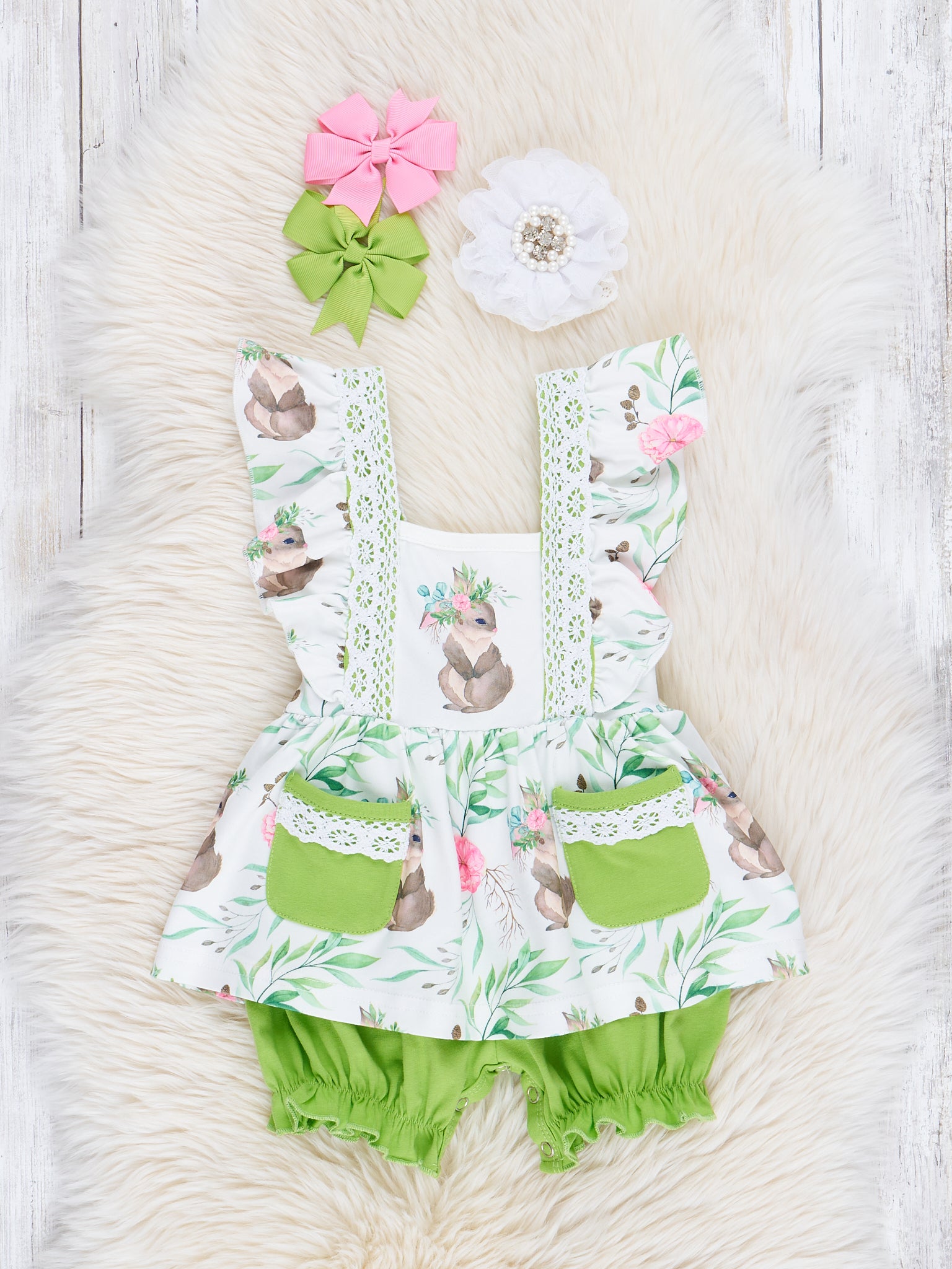 Lime Lace Bunny Ruffle Romper - Marie Nicole Clothing
