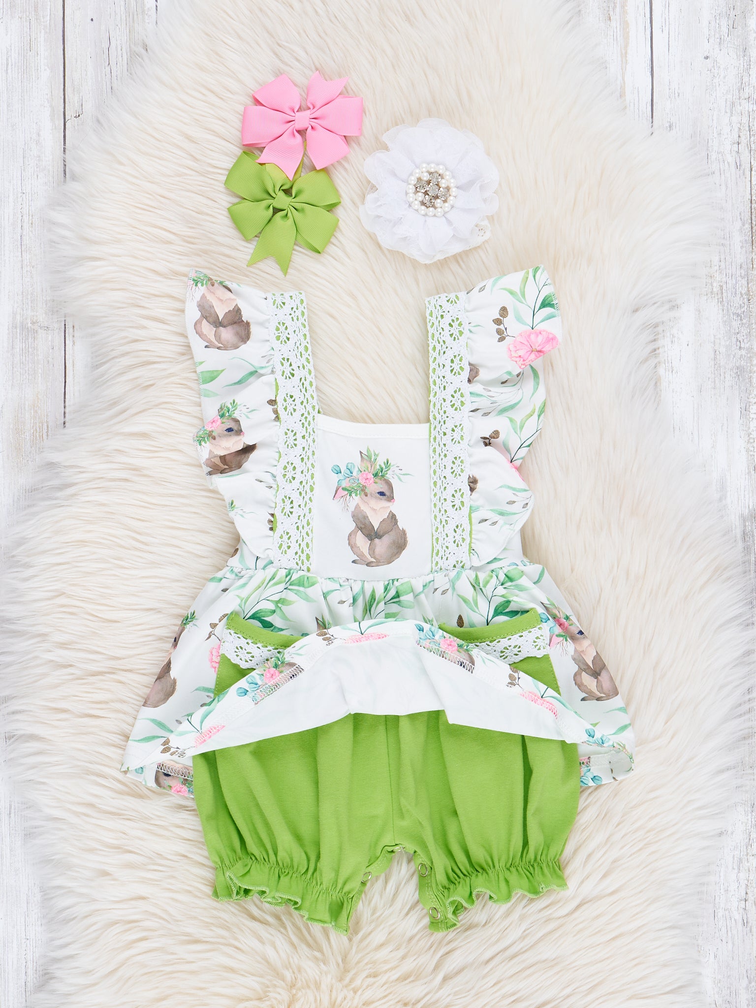 Lime Lace Bunny Ruffle Romper - Marie Nicole Clothing