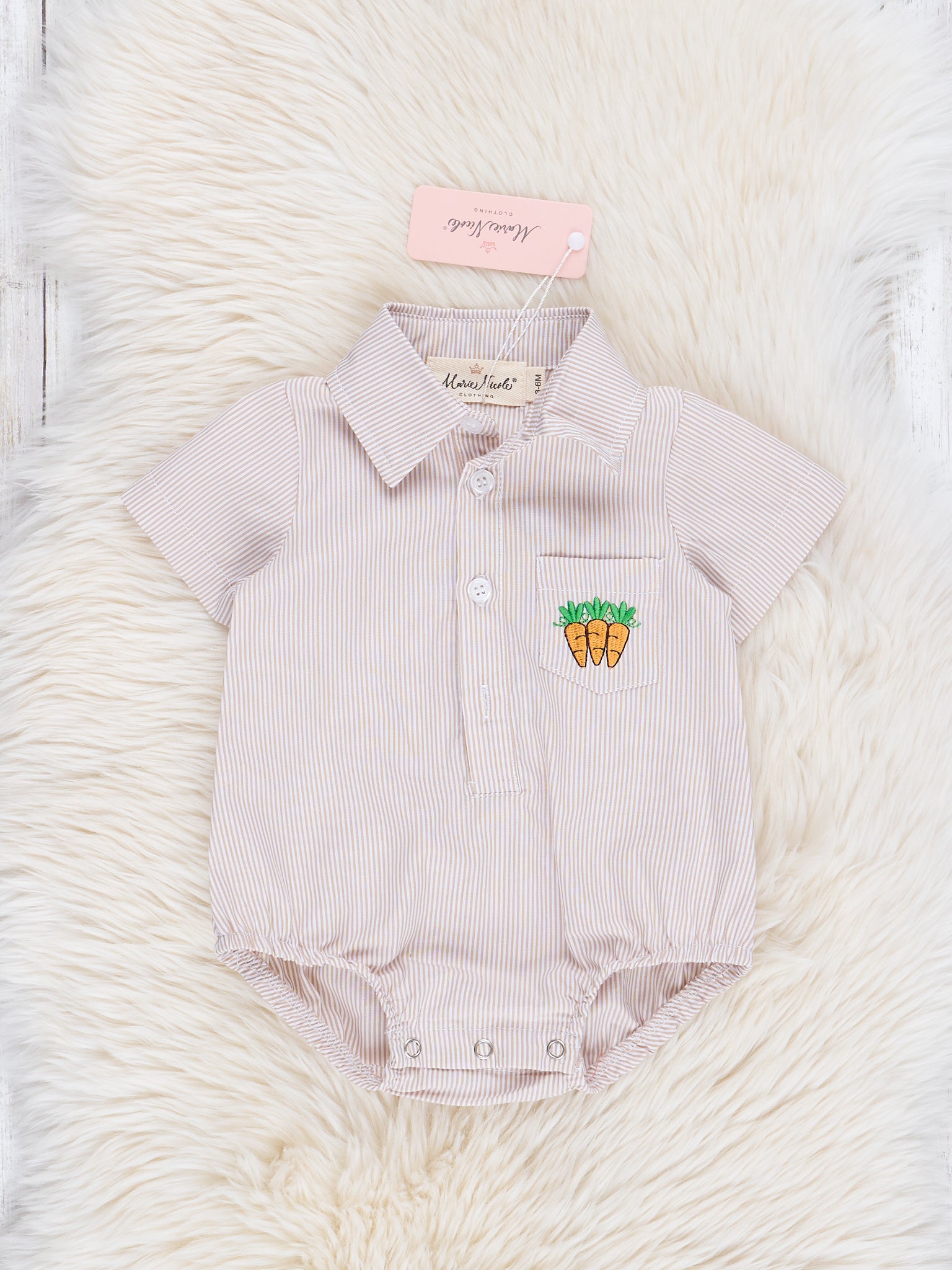Tan Stripes Embroidered Carrot Button Up Bubble Romper - Marie Nicole Clothing