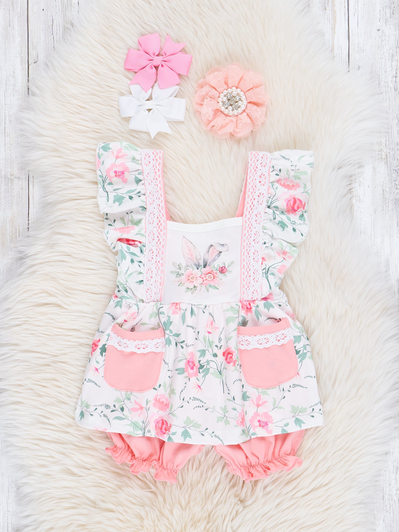 Pink Lace Bunny Ruffle Romper - Marie Nicole Clothing