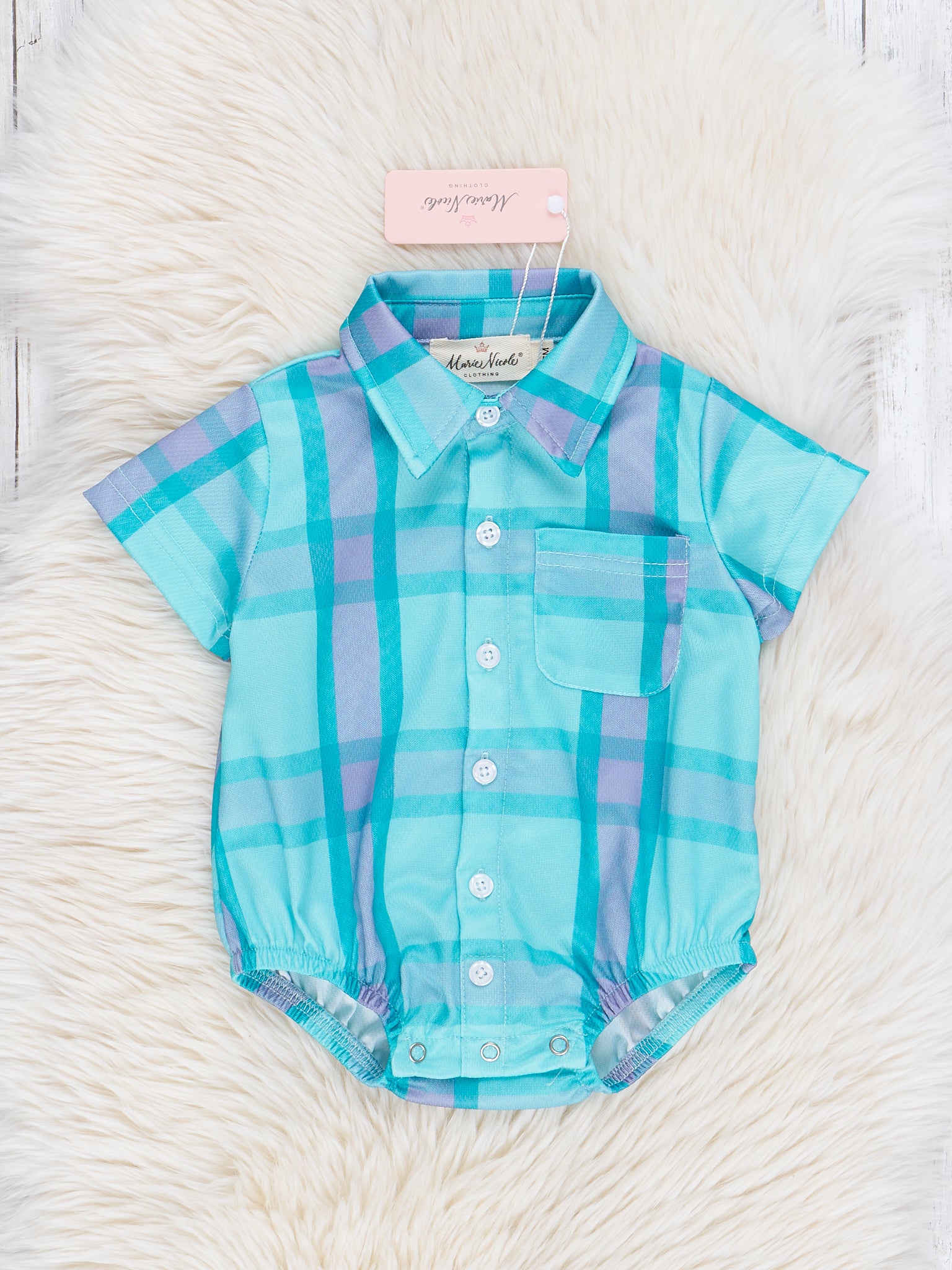 Teal Plaid Button Up Bubble Romper - Marie Nicole Clothing