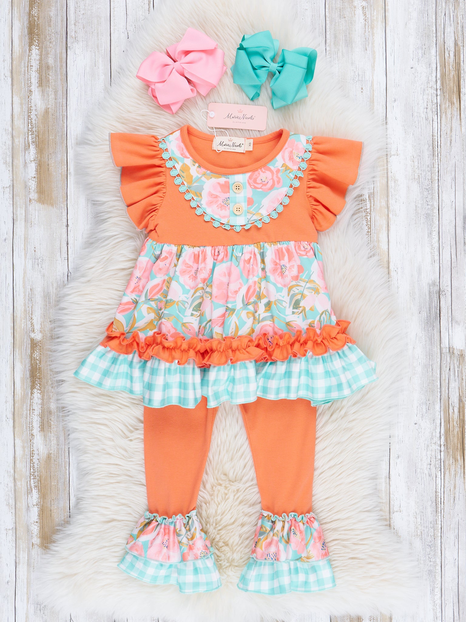 Teal & Orange Watercolor Florals Ruffle Outfit - Marie Nicole Clothing