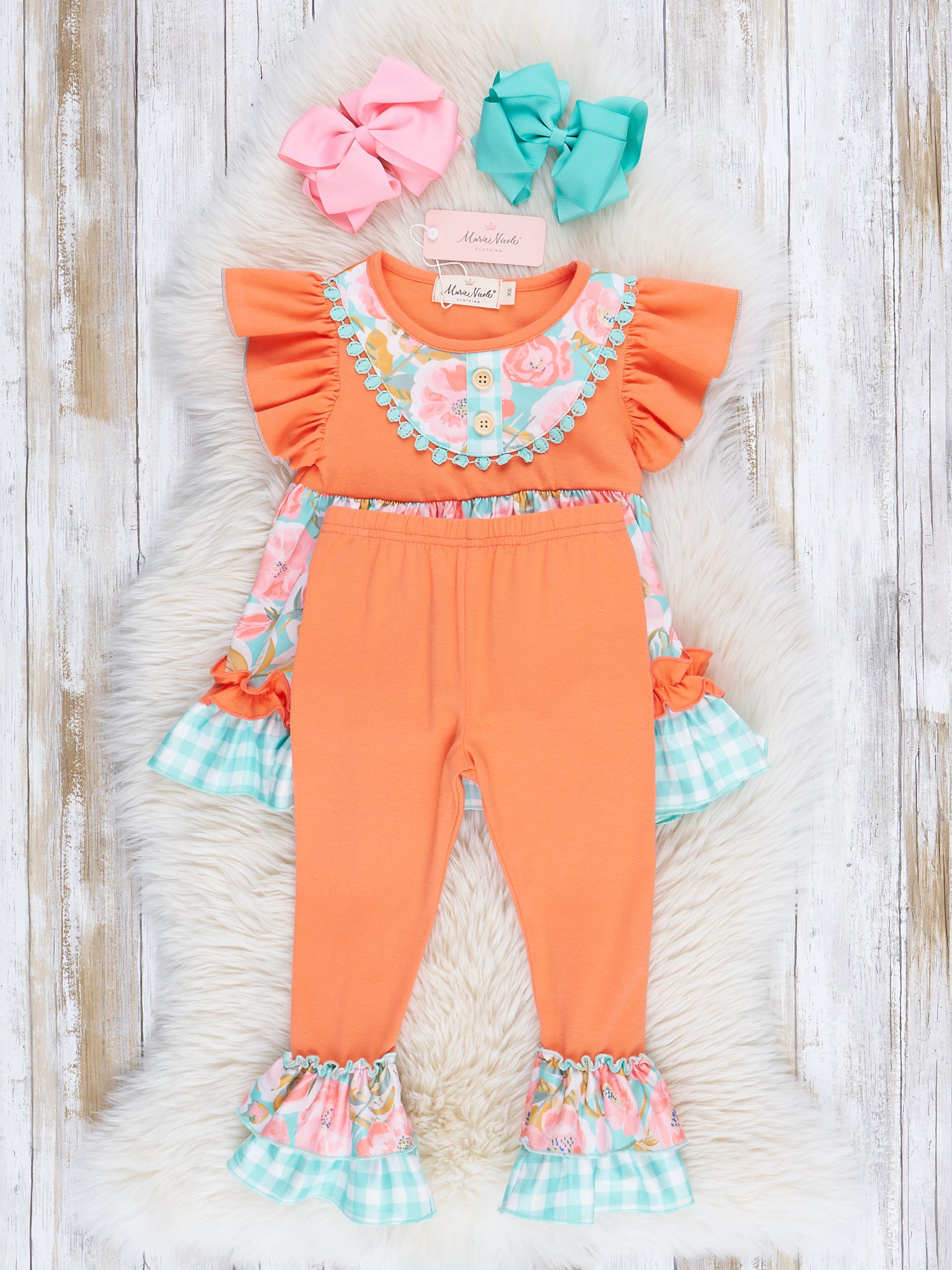 Teal & Orange Watercolor Florals Ruffle Outfit - Marie Nicole Clothing