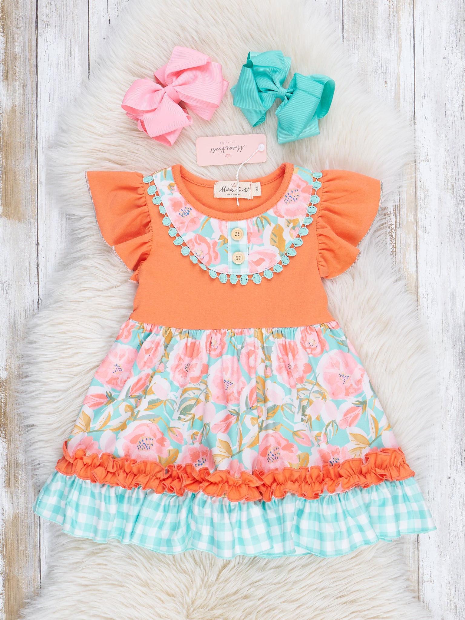 Teal & Orange Watercolor Florals Ruffle Dress - Marie Nicole Clothing