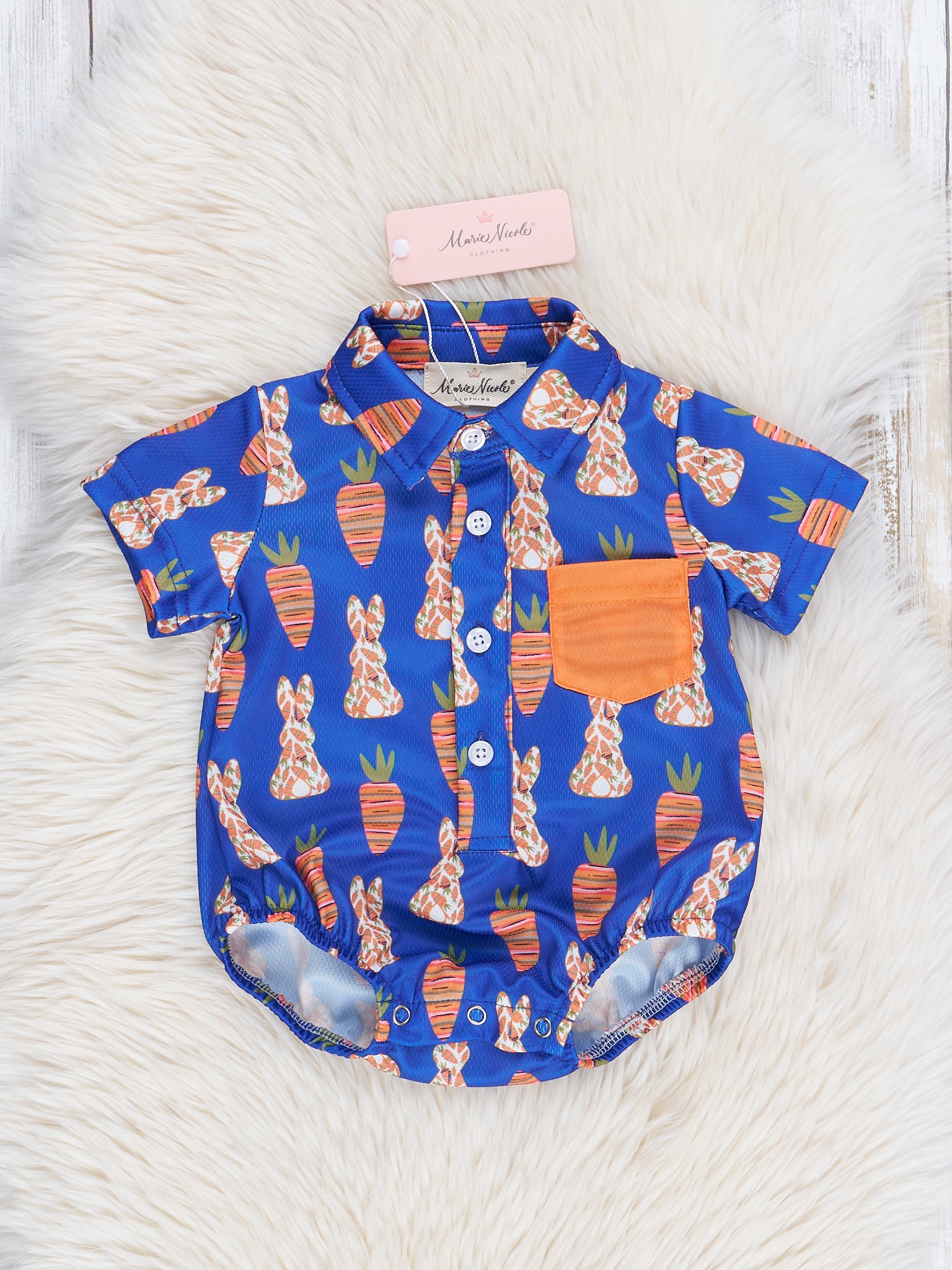 Blue & Orange Rabbit Food Pocket Bubble Romper - Marie Nicole Clothing