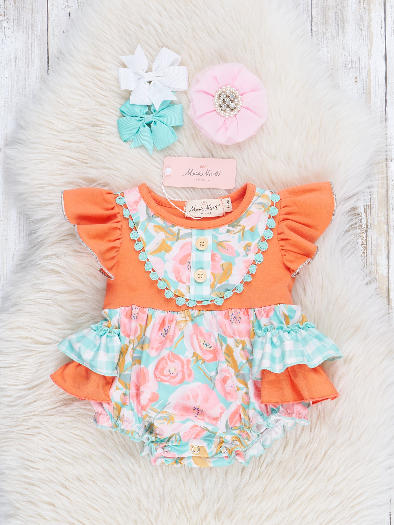 Teal & Orange Watercolor Florals Ruffle Bubble Romper - Marie Nicole Clothing