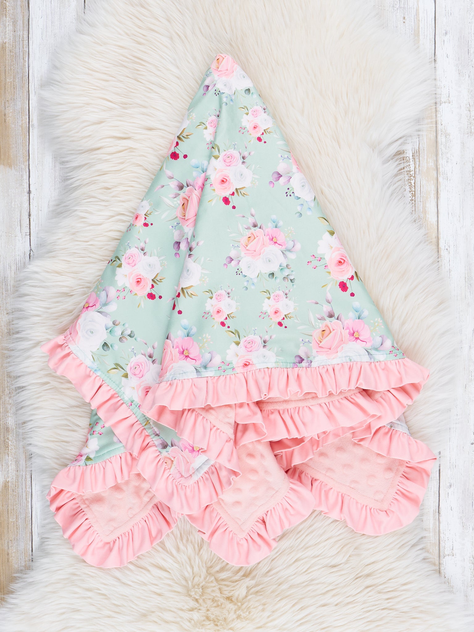 Coral & Green Rose Bouquet Ruffle Minky Blanket - Marie Nicole Clothing