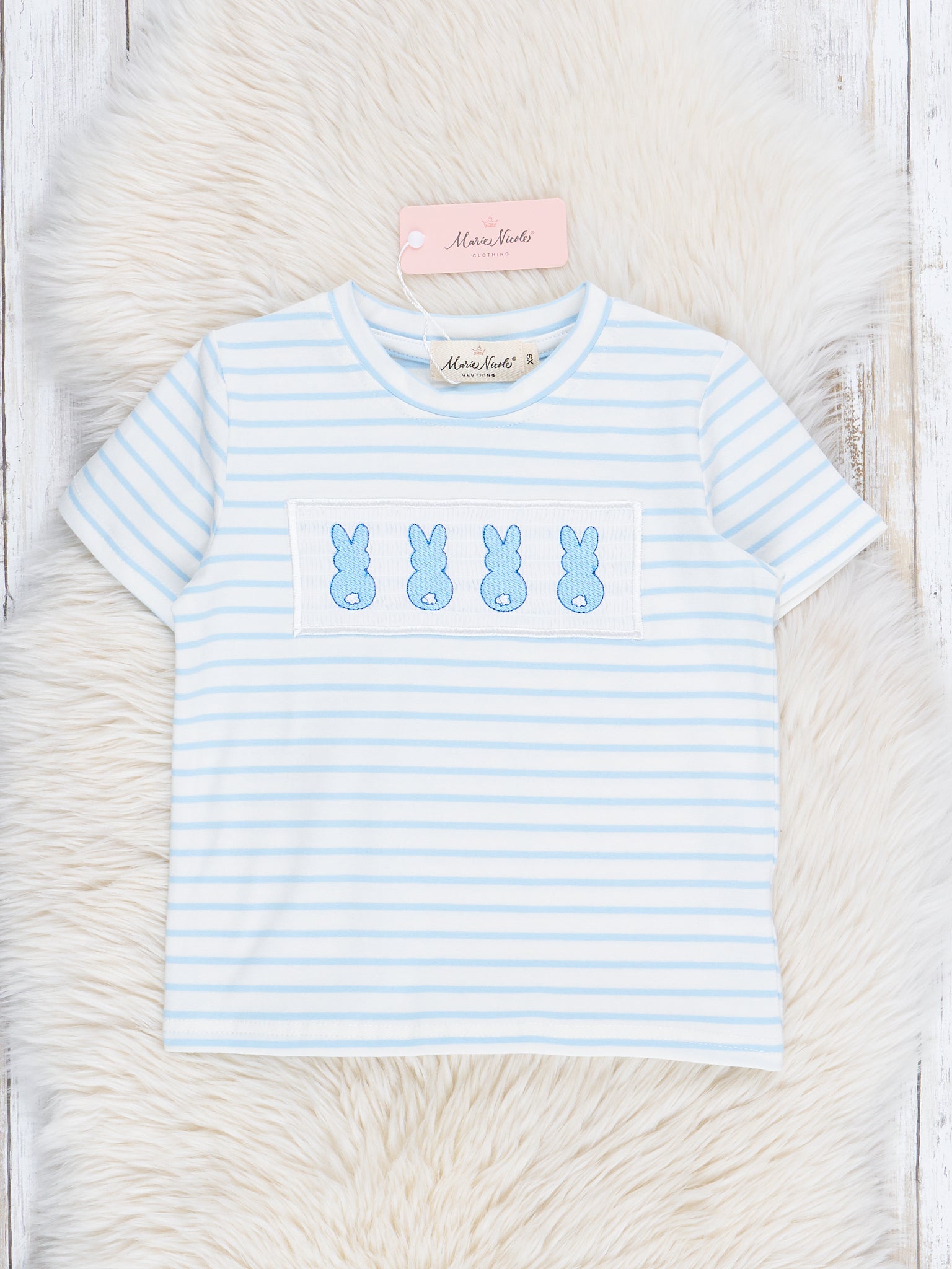 Blue Striped Smocked Bunnies Shirt - Marie Nicole Clothing