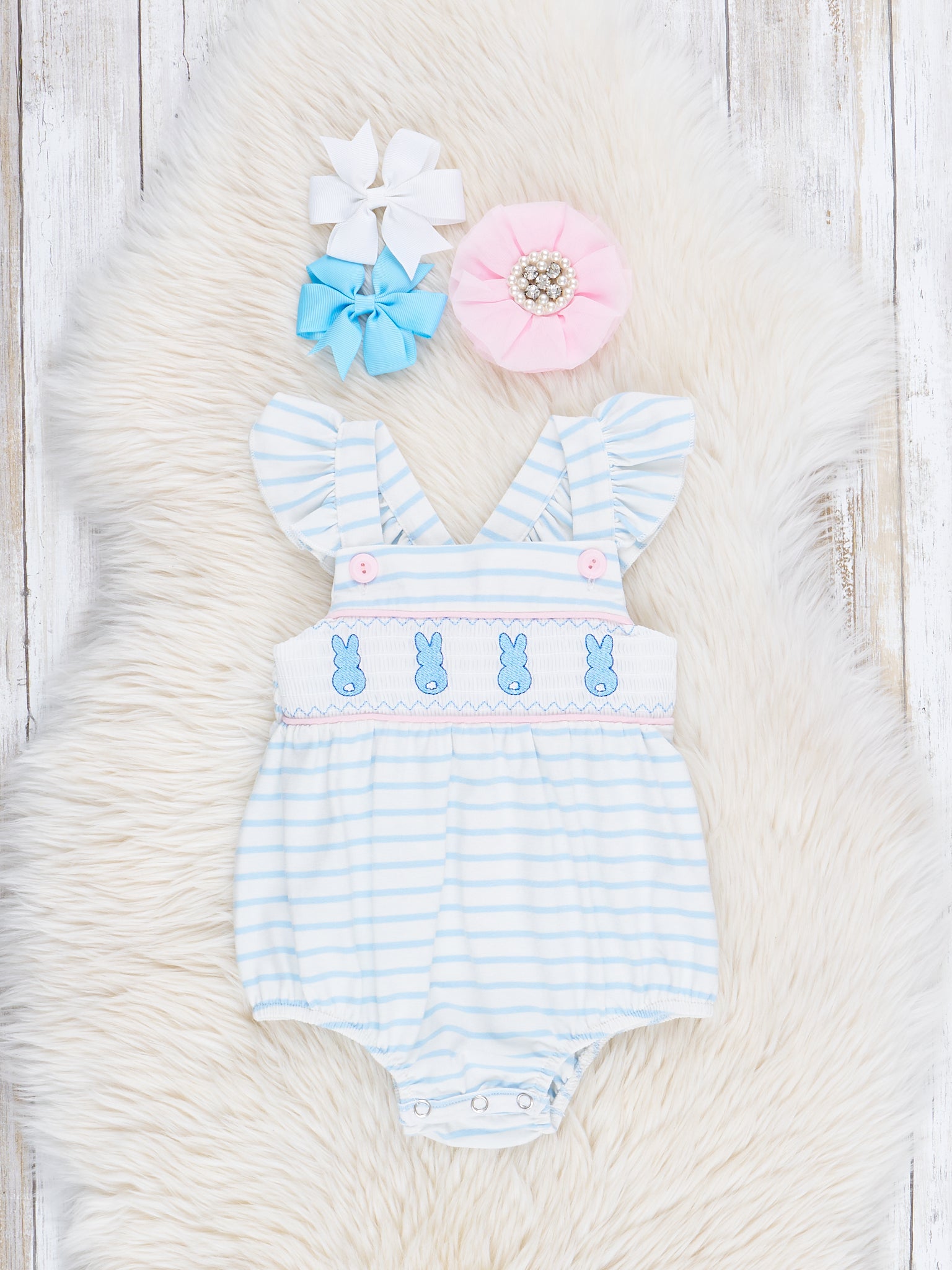 Blue Striped Smocked Bunnies Ruffle Bubble Romper - Marie Nicole Clothing