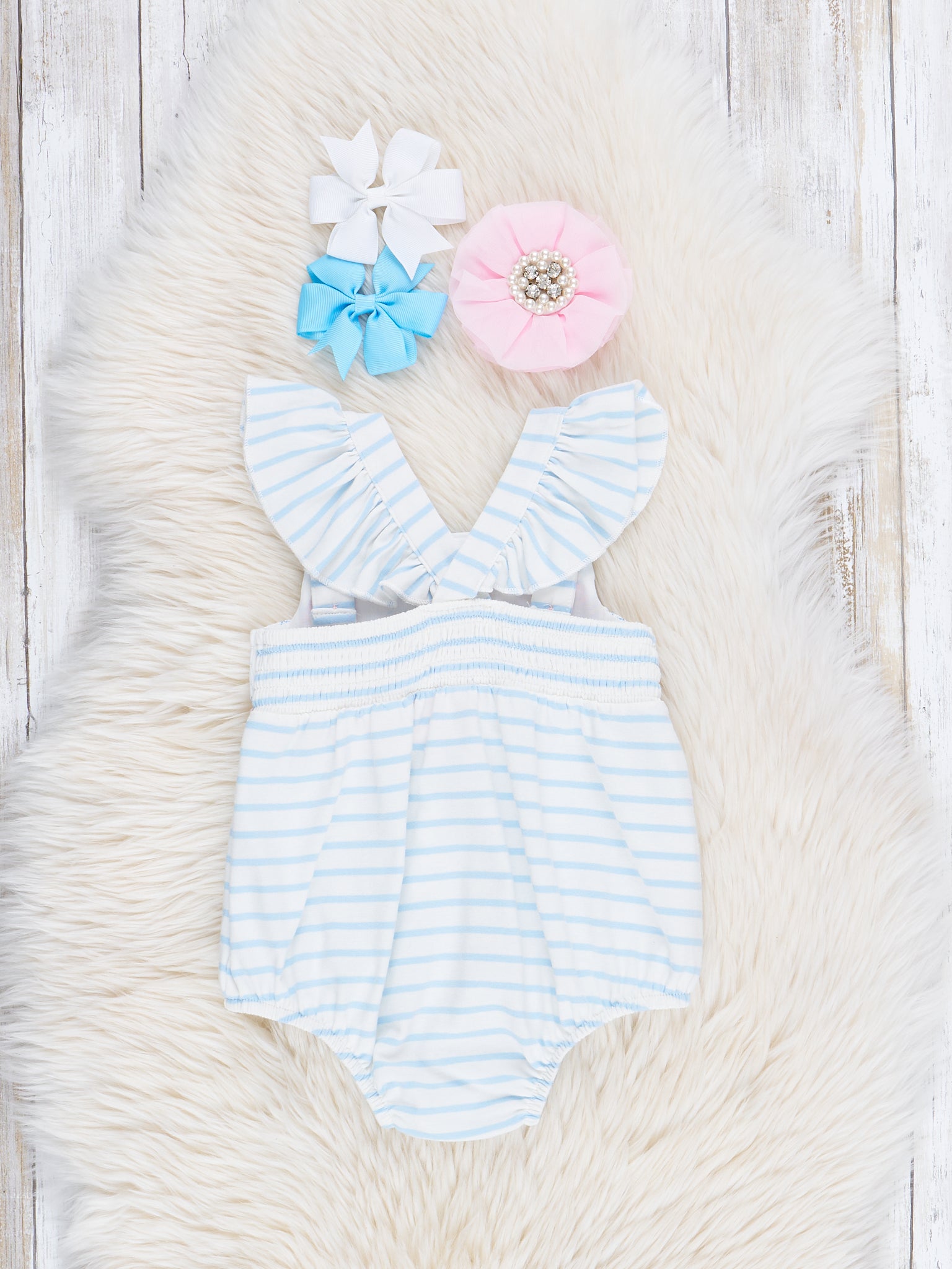 Blue Striped Smocked Bunnies Ruffle Bubble Romper - Marie Nicole Clothing