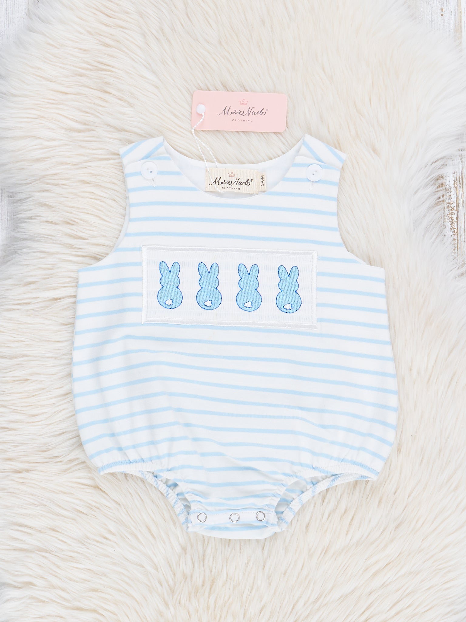 Blue Striped Smocked Bunnies Bubble Romper - Marie Nicole Clothing