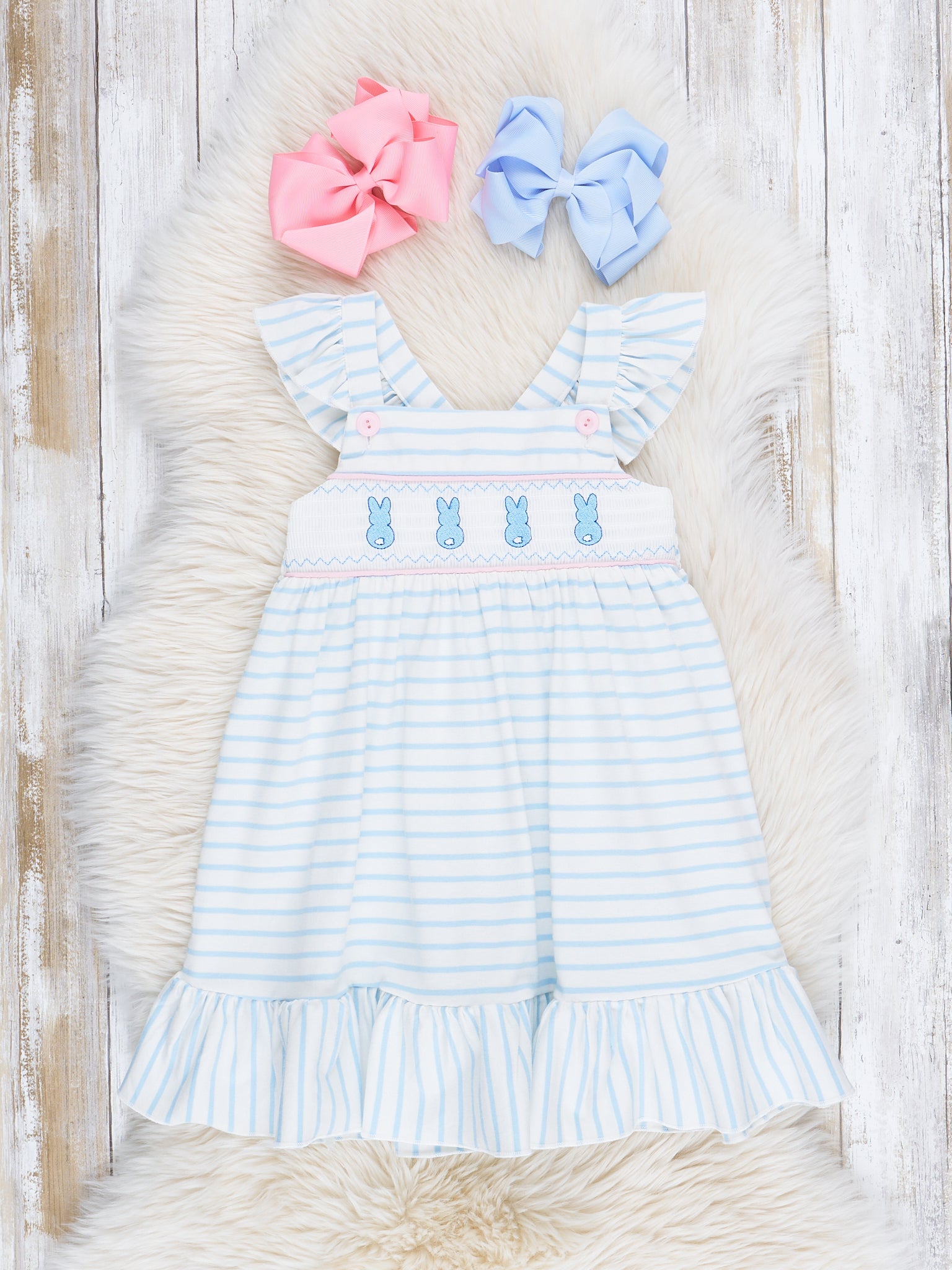 Blue Striped Smocked Bunnies Dress - Marie Nicole Clothing