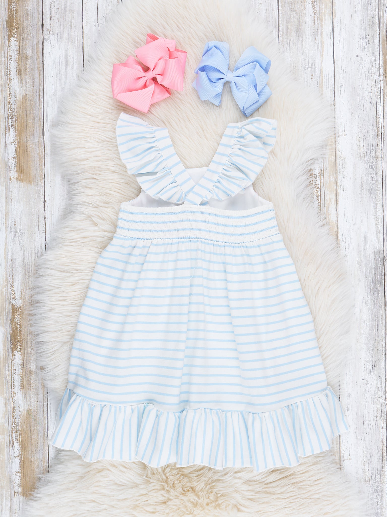 Blue Striped Smocked Bunnies Dress - Marie Nicole Clothing