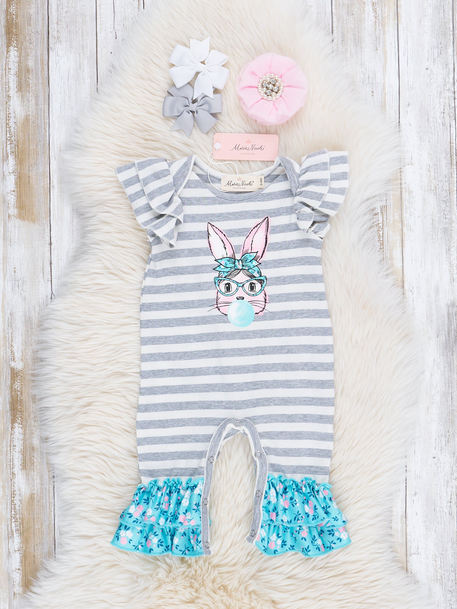 Grey Striped Bubblegum Bunny Ruffle Romper - Marie Nicole Clothing