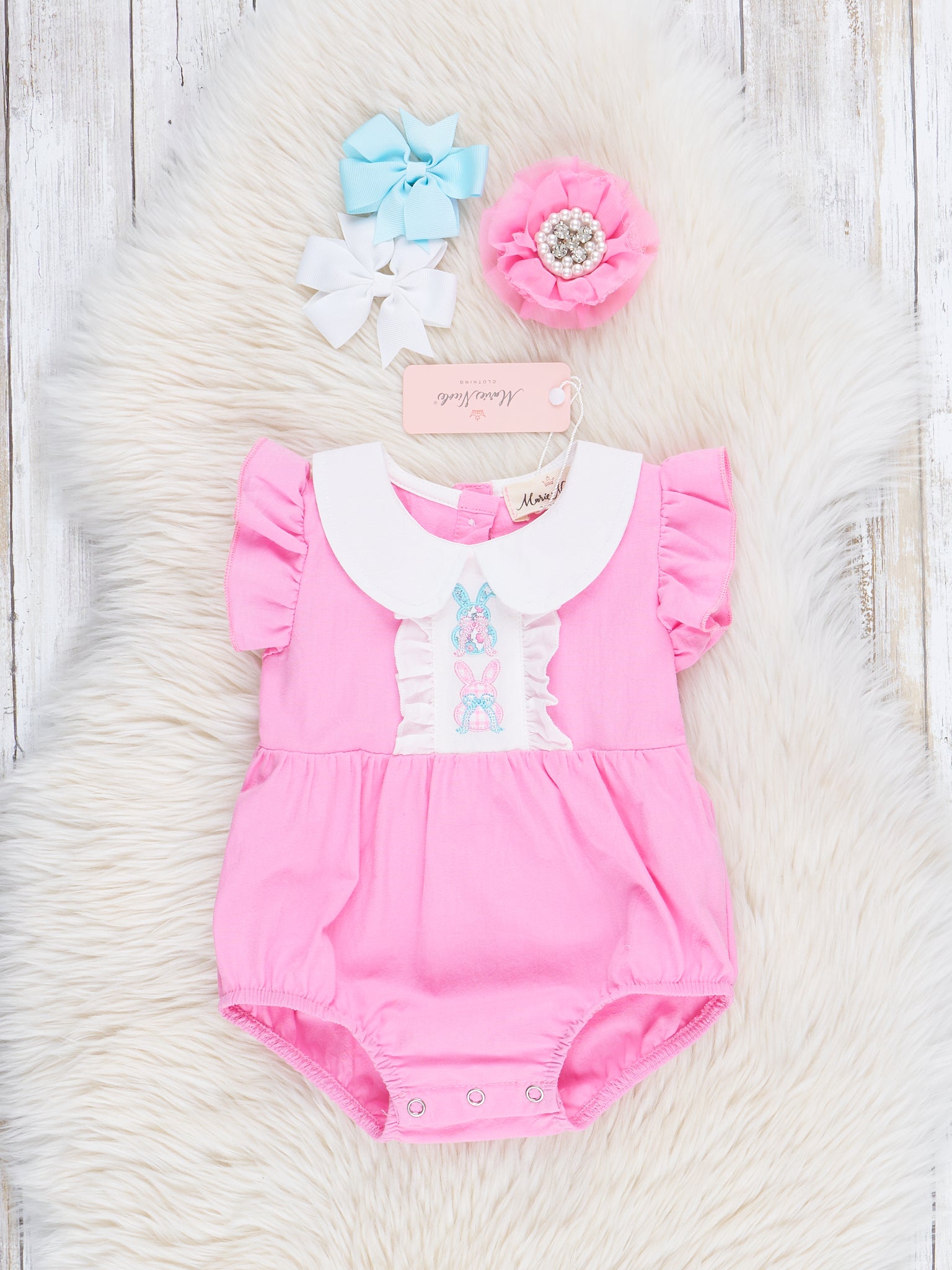 Bright Pink Embroidered Bunnies Ruffle Bubble Romper - Marie Nicole Clothing