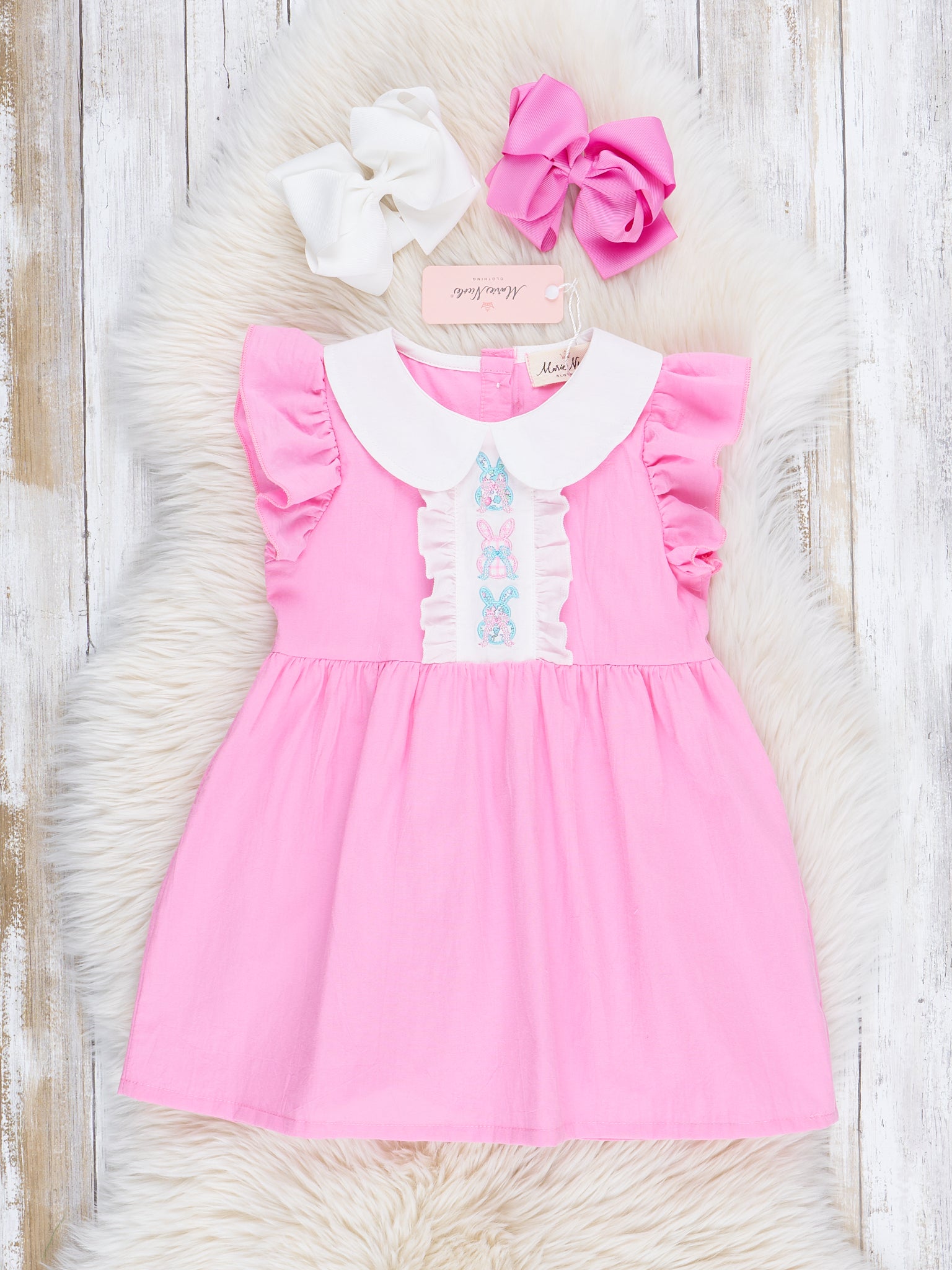 Bright Pink Embroidered Bunnies Ruffle Dress - Marie Nicole Clothing