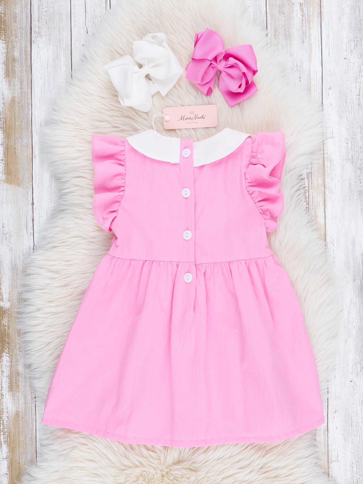 Bright Pink Embroidered Bunnies Ruffle Dress - Marie Nicole Clothing