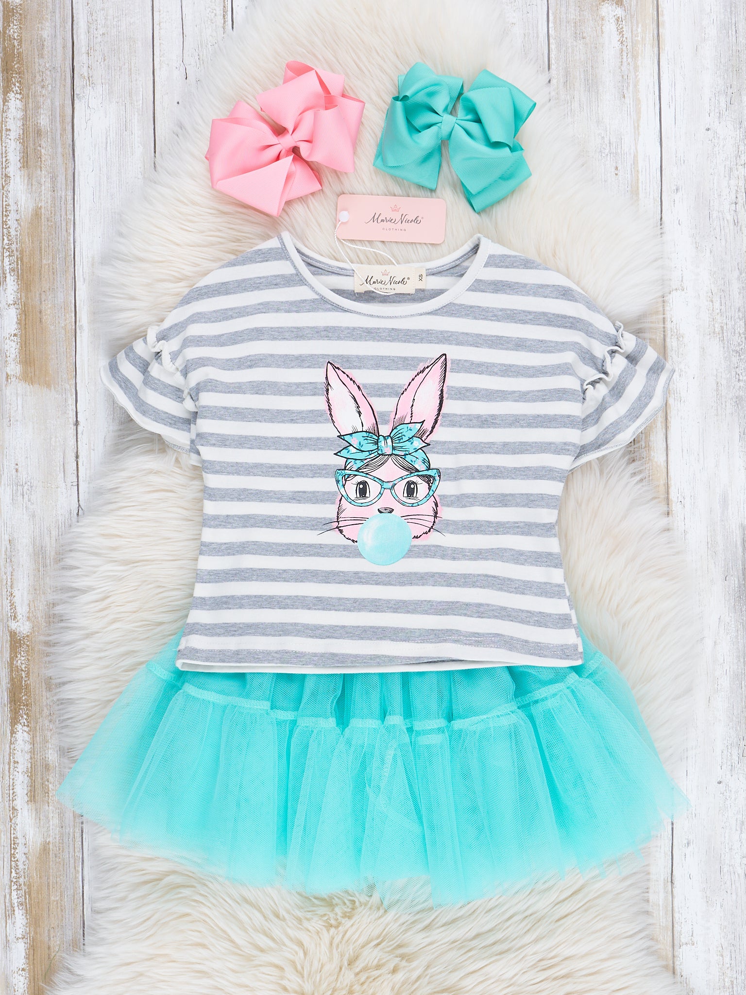 Grey Striped Bubblegum Bunny Tulle Outfit w/ Skirt - Marie Nicole Clothing