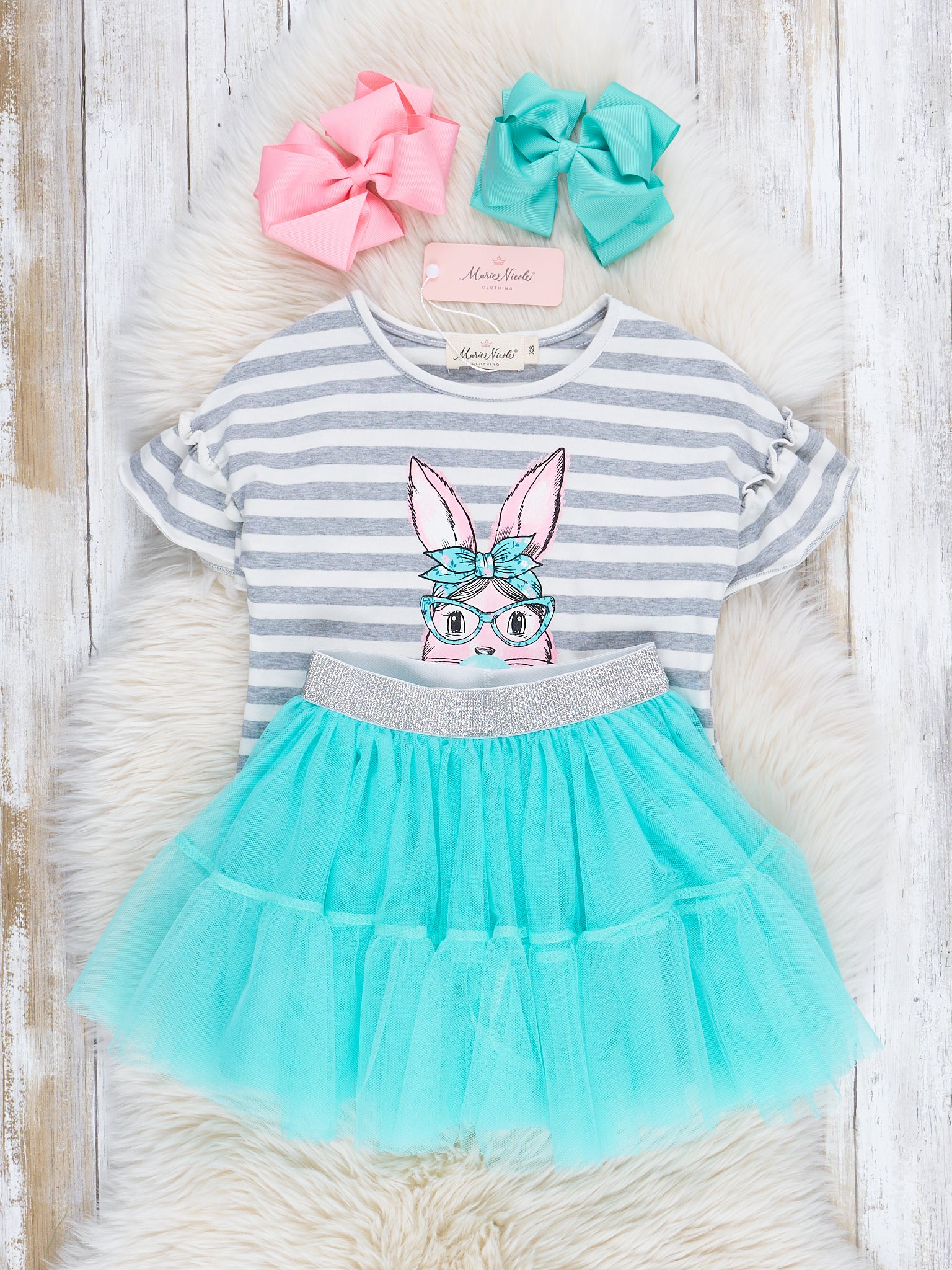 Grey Striped Bubblegum Bunny Tulle Outfit w/ Skirt - Marie Nicole Clothing