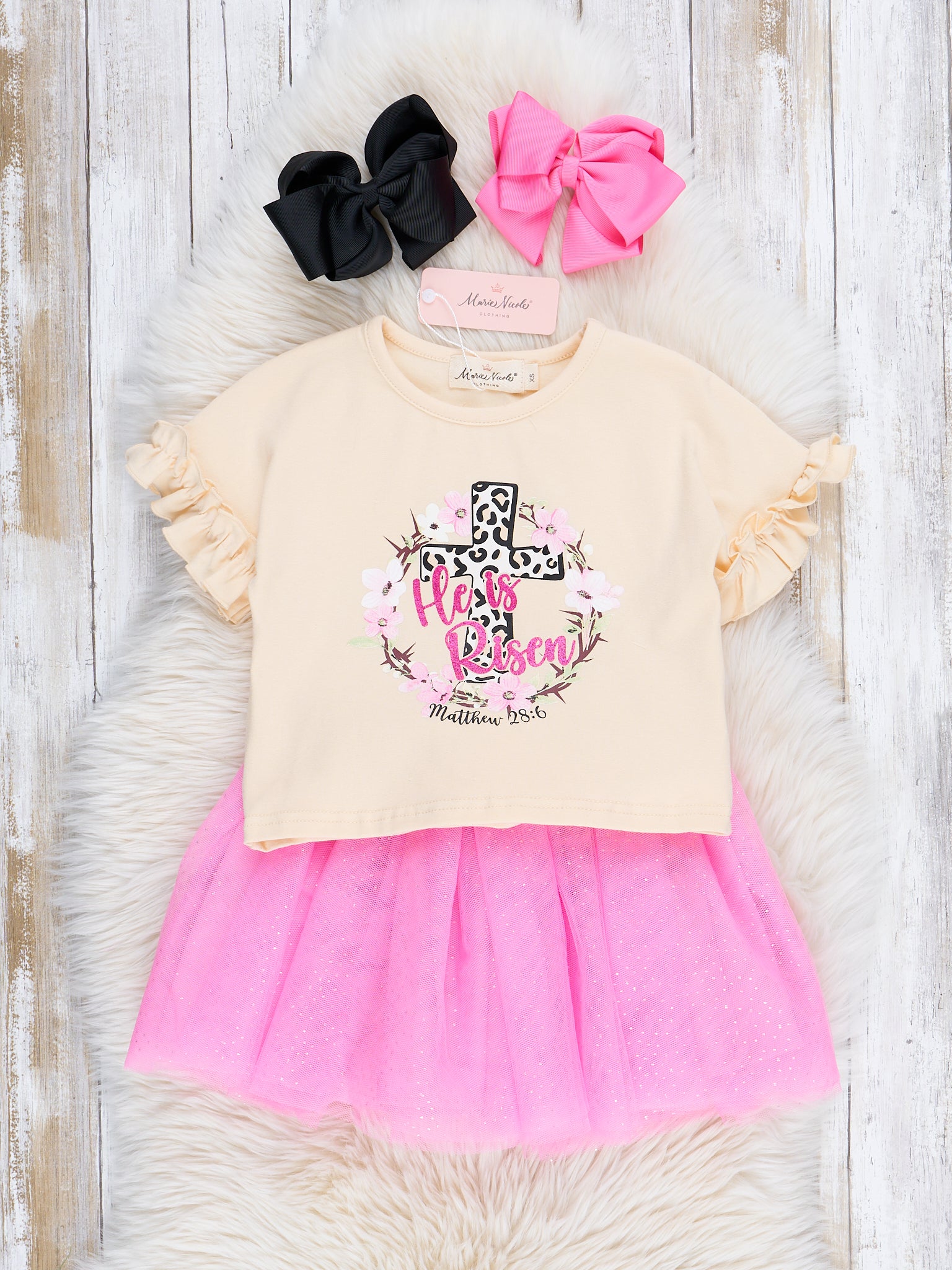 Ruffle "He is Risen" Outfit w/ Tulle Skirt - Marie Nicole Clothing
