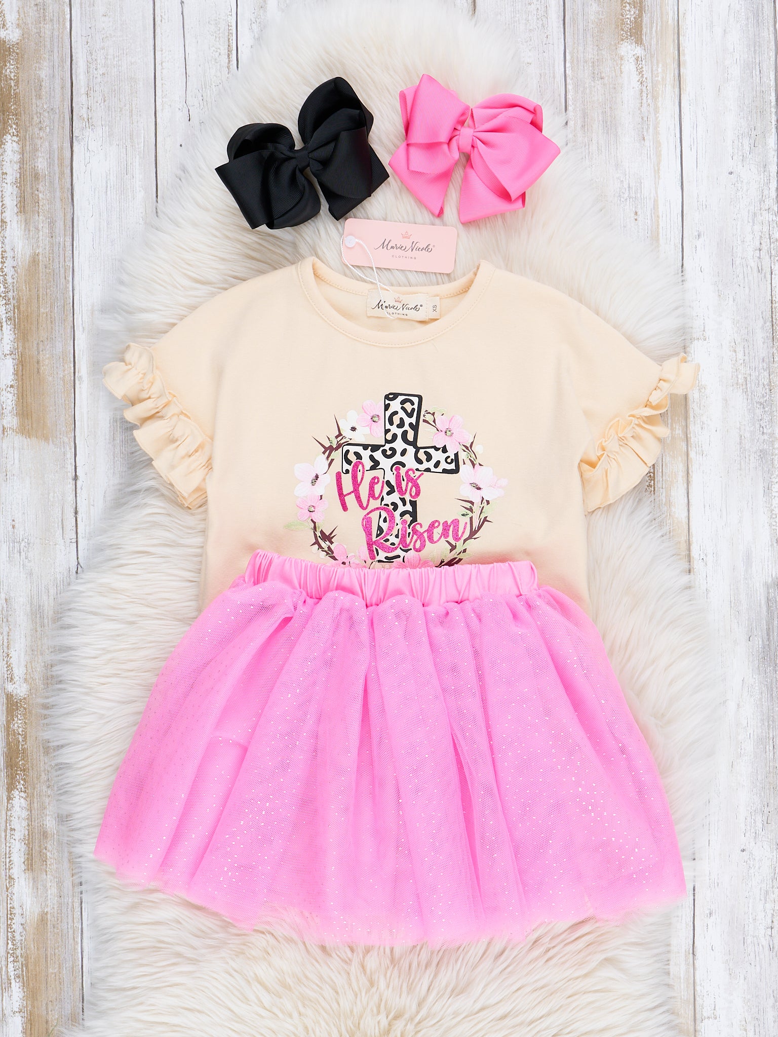 Ruffle "He is Risen" Outfit w/ Tulle Skirt - Marie Nicole Clothing