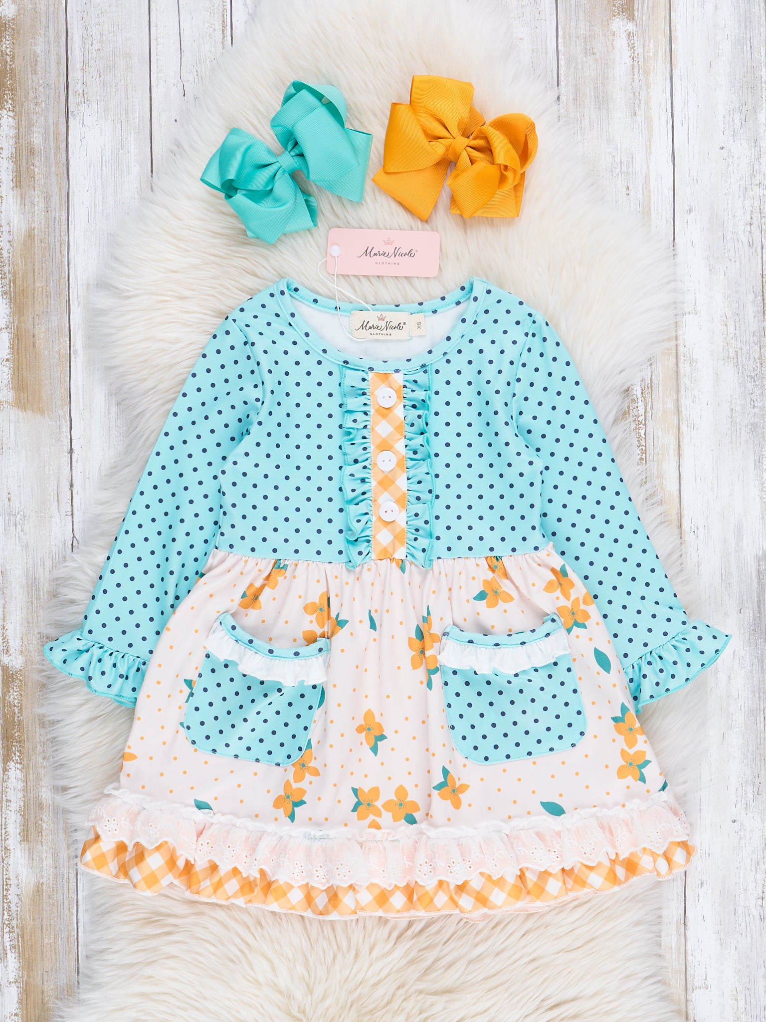 Golden Florals & Teal Dots Ruffle Dress - Marie Nicole Clothing