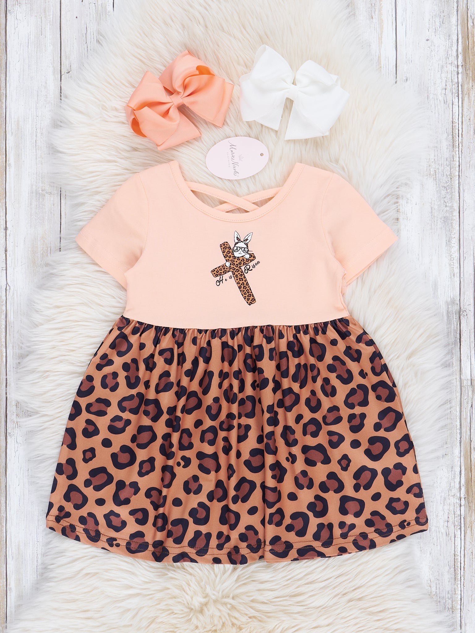 Peach & Leopard "He is Risen" Ruffle Dress - Marie Nicole Clothing