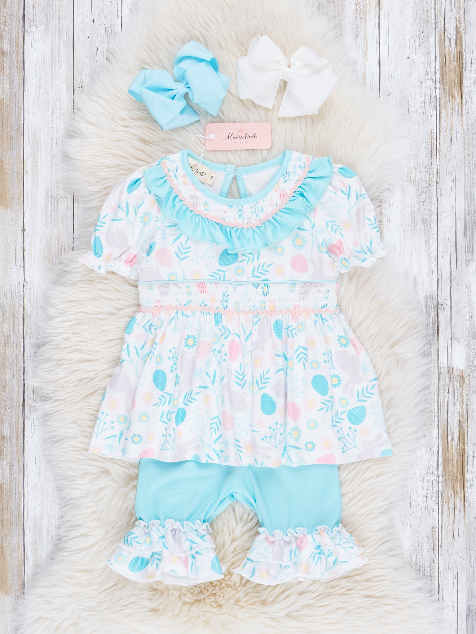 Turquoise Florals Smocked Outfit - Marie Nicole Clothing