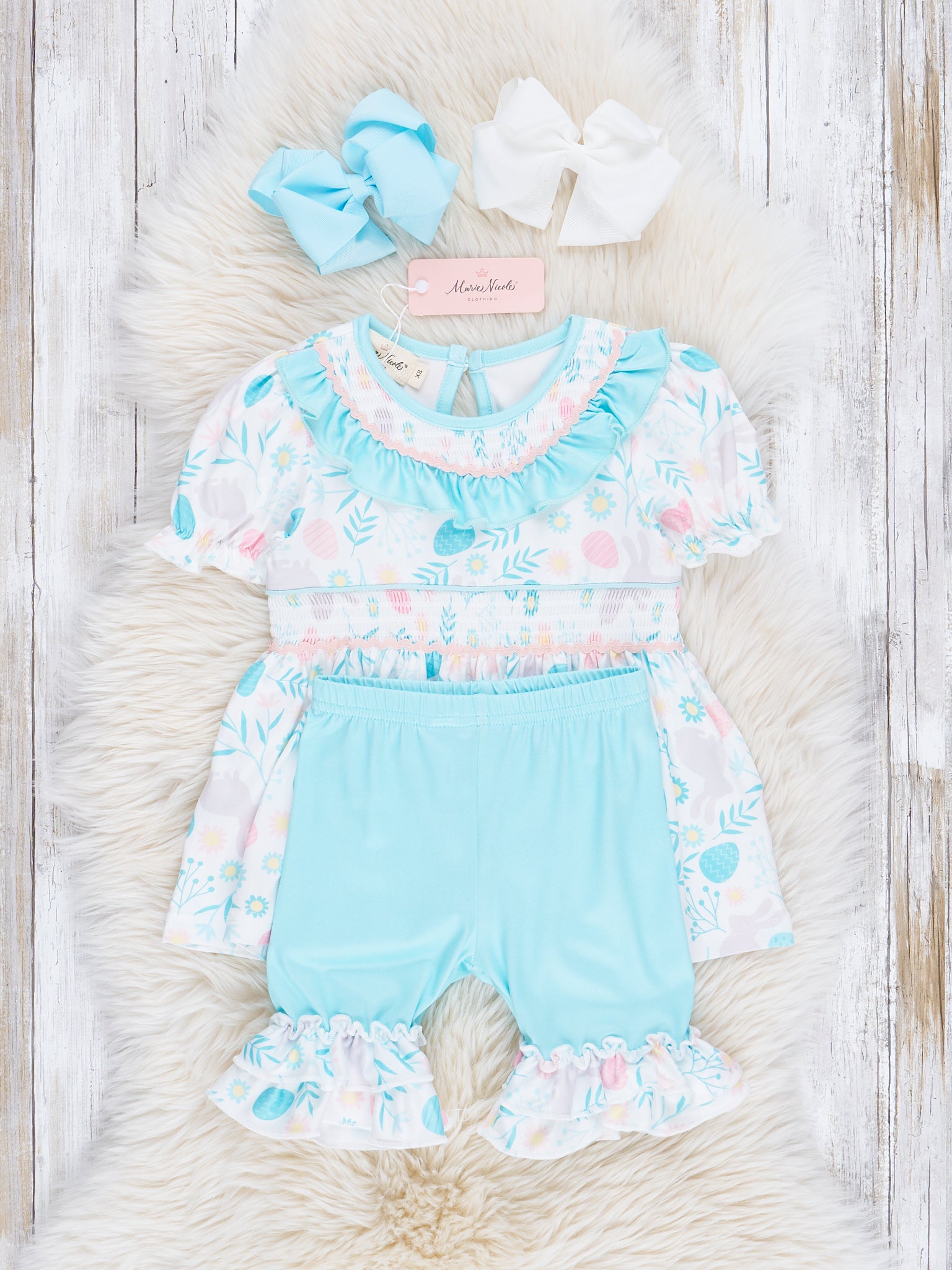 Turquoise Florals Smocked Outfit - Marie Nicole Clothing