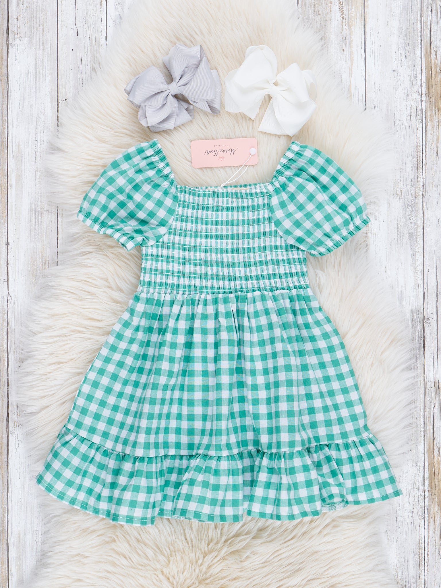 Green Gingham Smocked Ruffle Dress - Marie Nicole Clothing