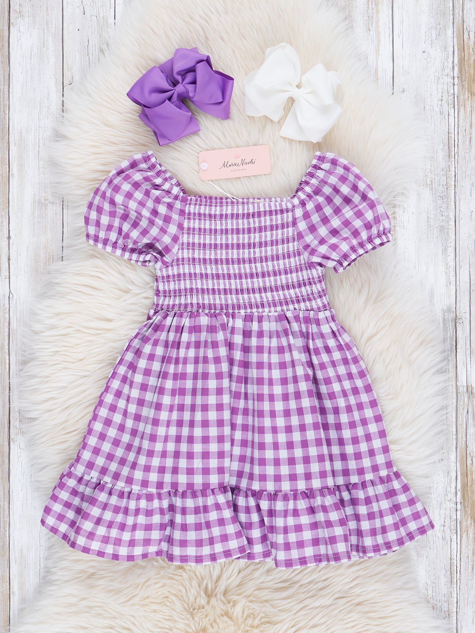 Purple Gingham Smocked Ruffle Dress - Marie Nicole Clothing