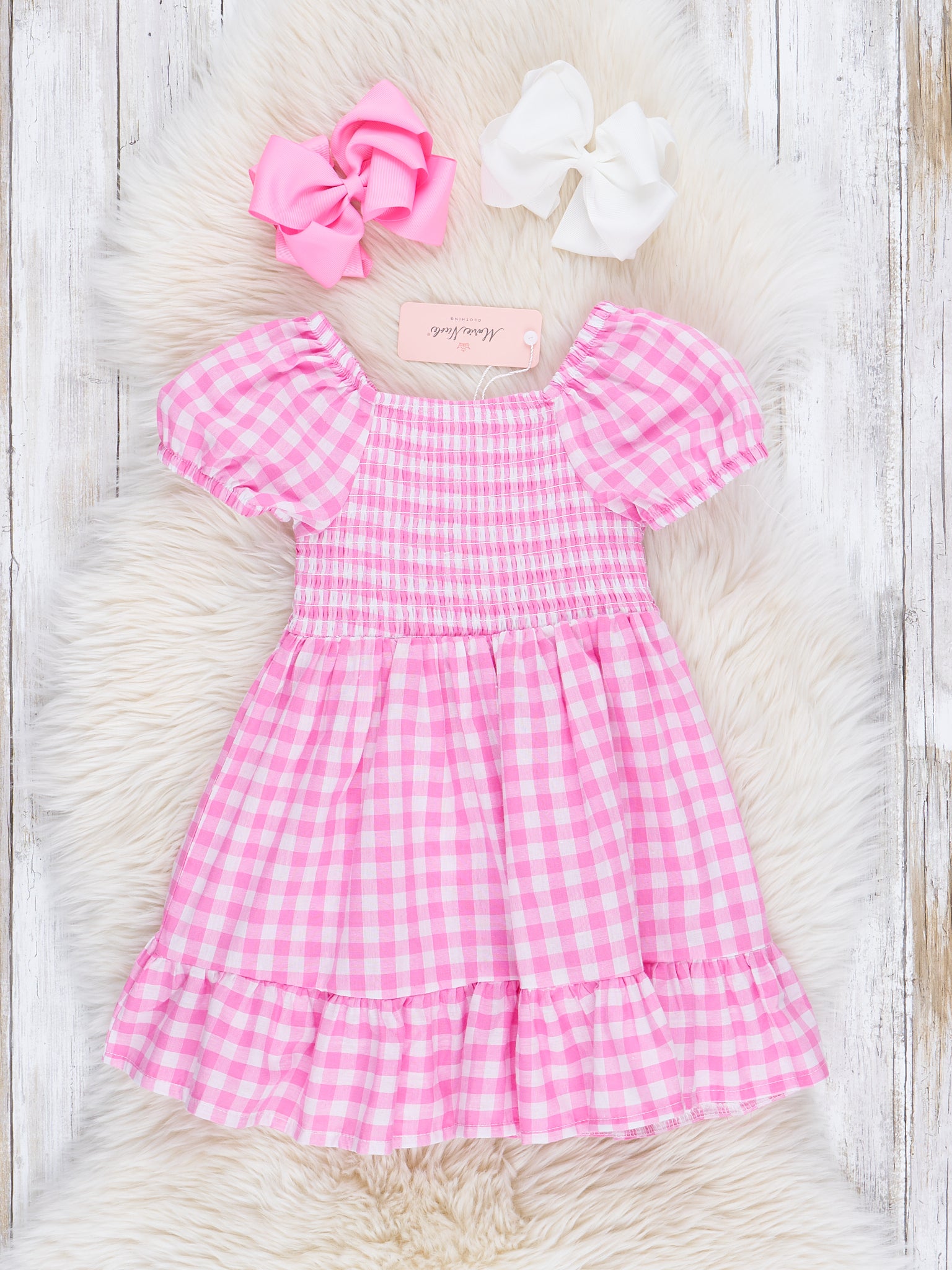 Hot Pink Gingham Smocked Ruffle Dress - Marie Nicole Clothing