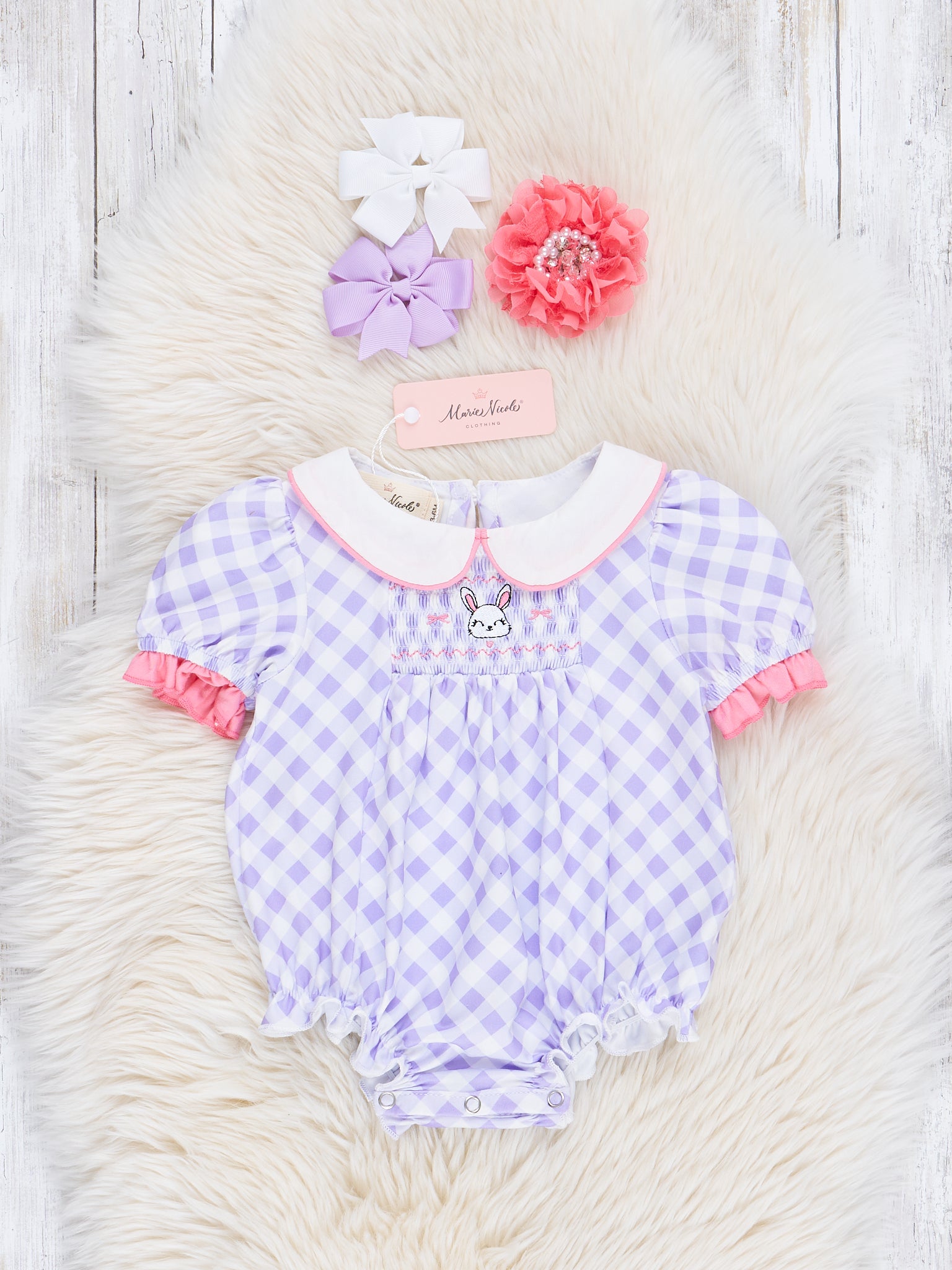 Purple Plaid Smocked Bunny Bubble Romper - Marie Nicole Clothing