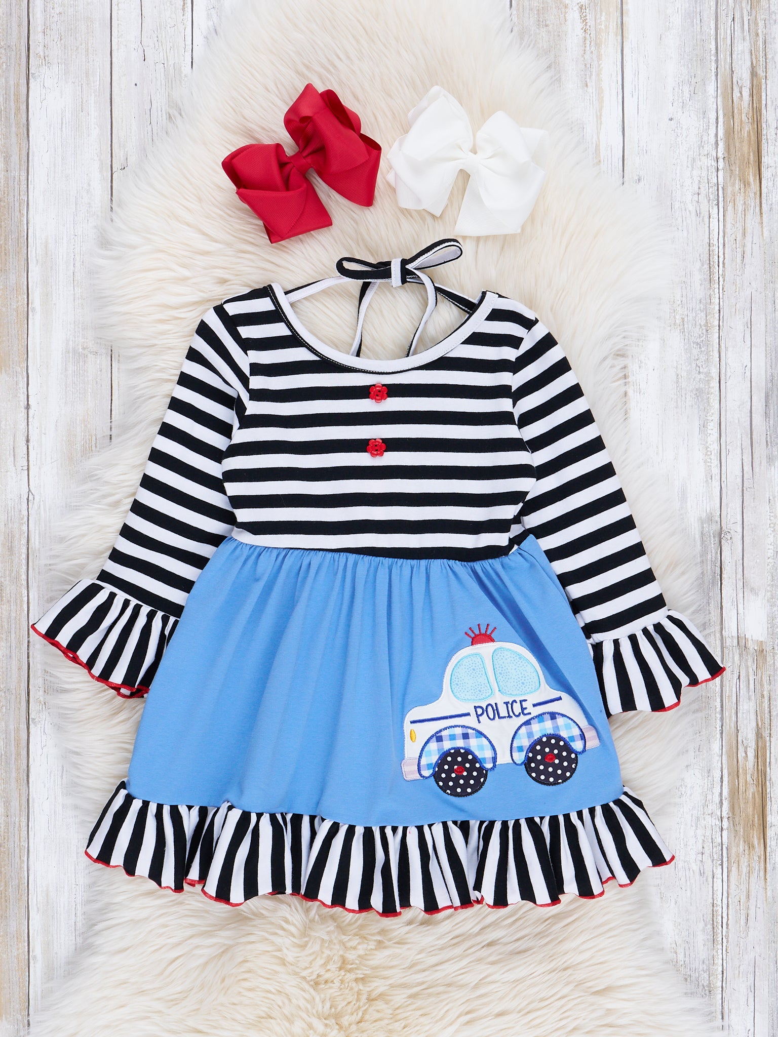 Black & White Stripe Police Ruffle Dress - Marie Nicole Clothing