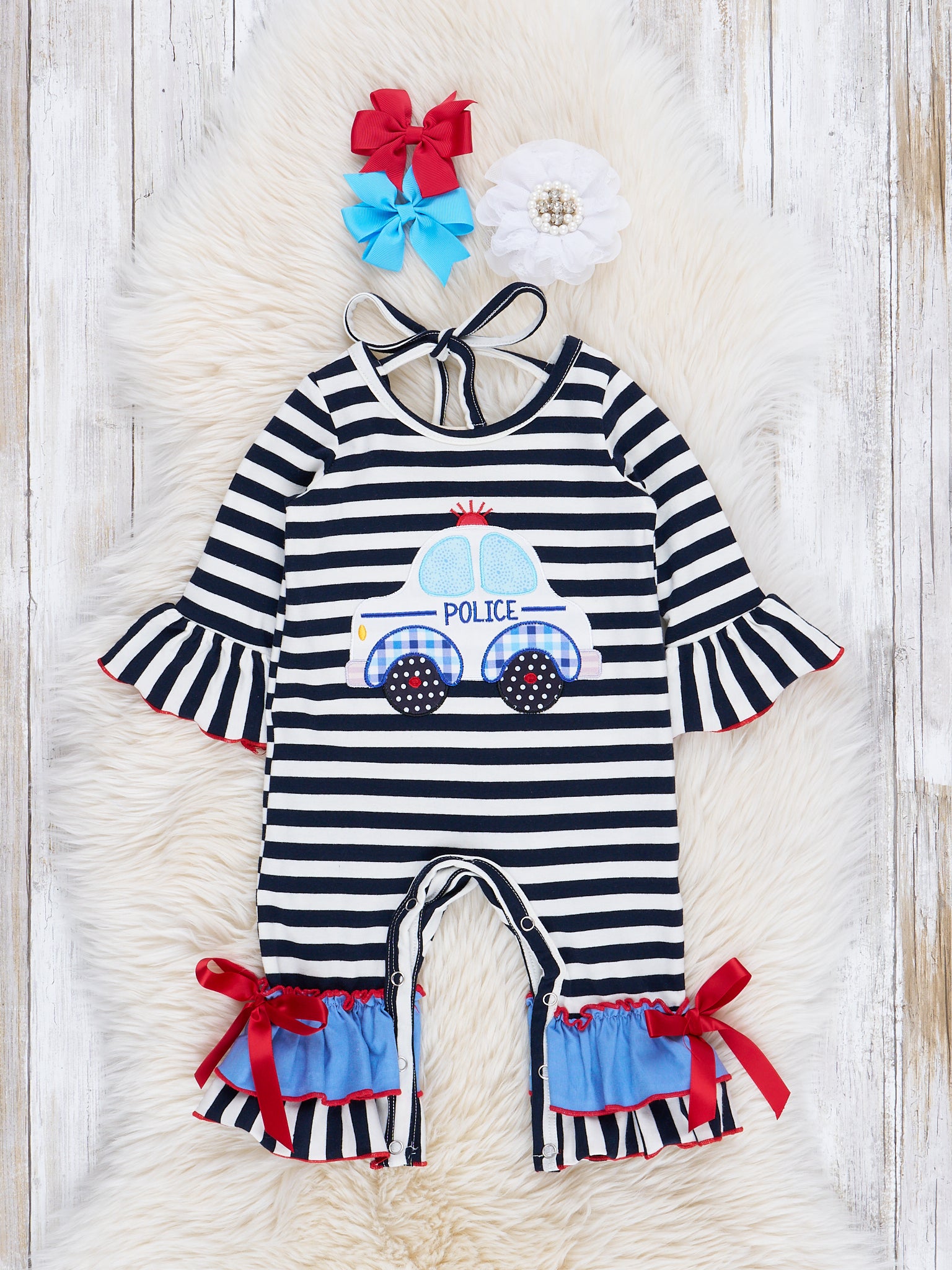 Black & White Stripe Police Ruffle Romper - Marie Nicole Clothing