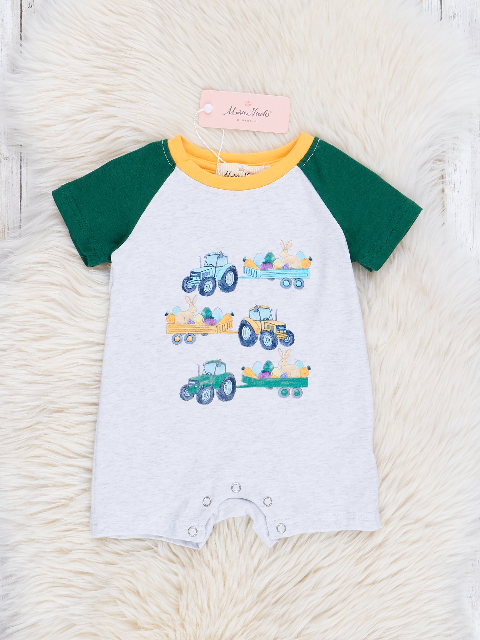 Grey & Green Raglan Easter Trucks Romper - Marie Nicole Clothing