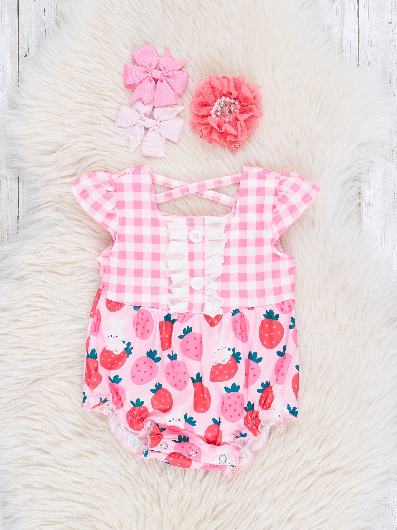 Plaid Strawberries & Cream Bubble Romper - Marie Nicole Clothing