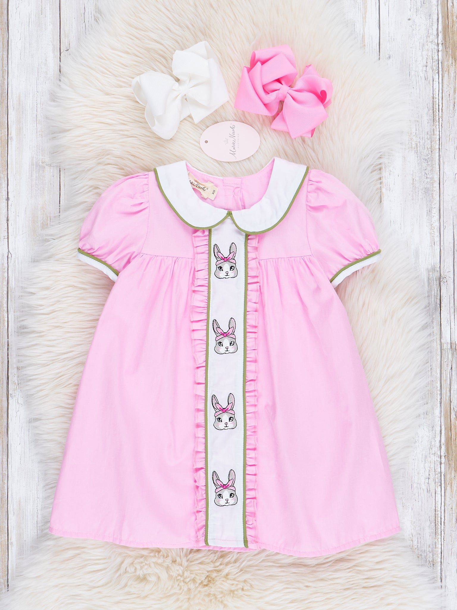 Pink Embroidered Bunny Dress - Marie Nicole Clothing