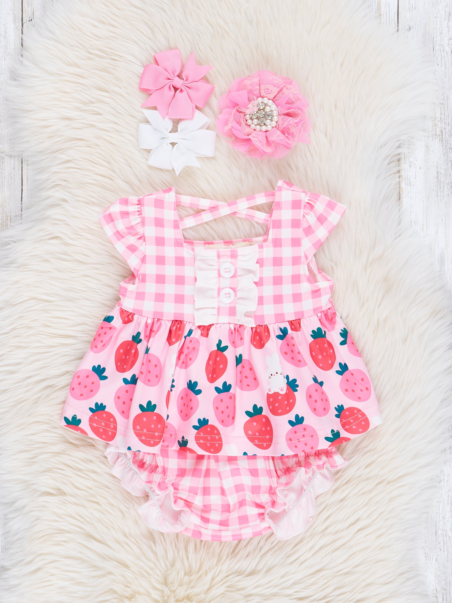 Plaid Strawberries & Cream Bloomers Outfit - Marie Nicole Clothing