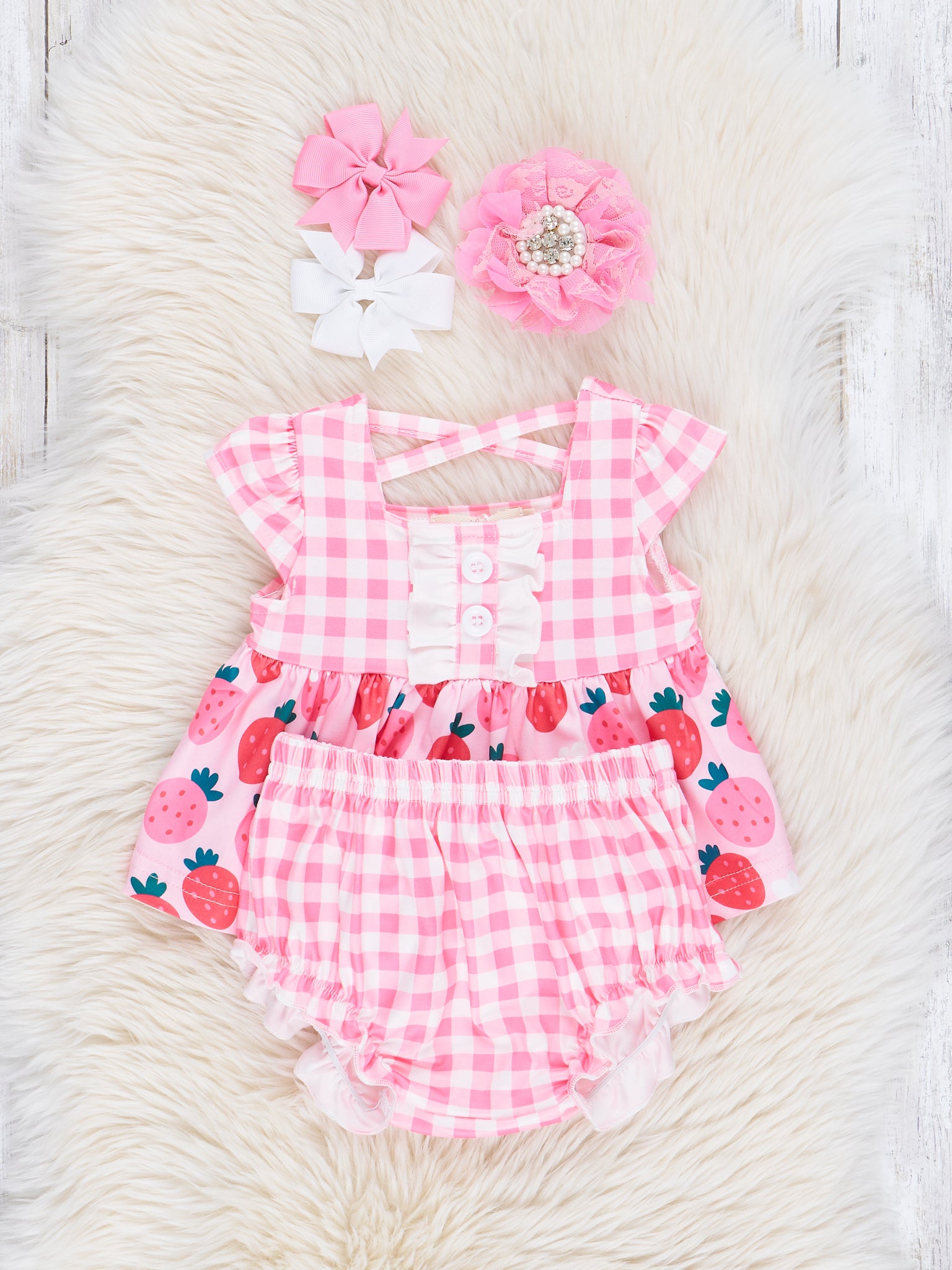 Plaid Strawberries & Cream Bloomers Outfit - Marie Nicole Clothing