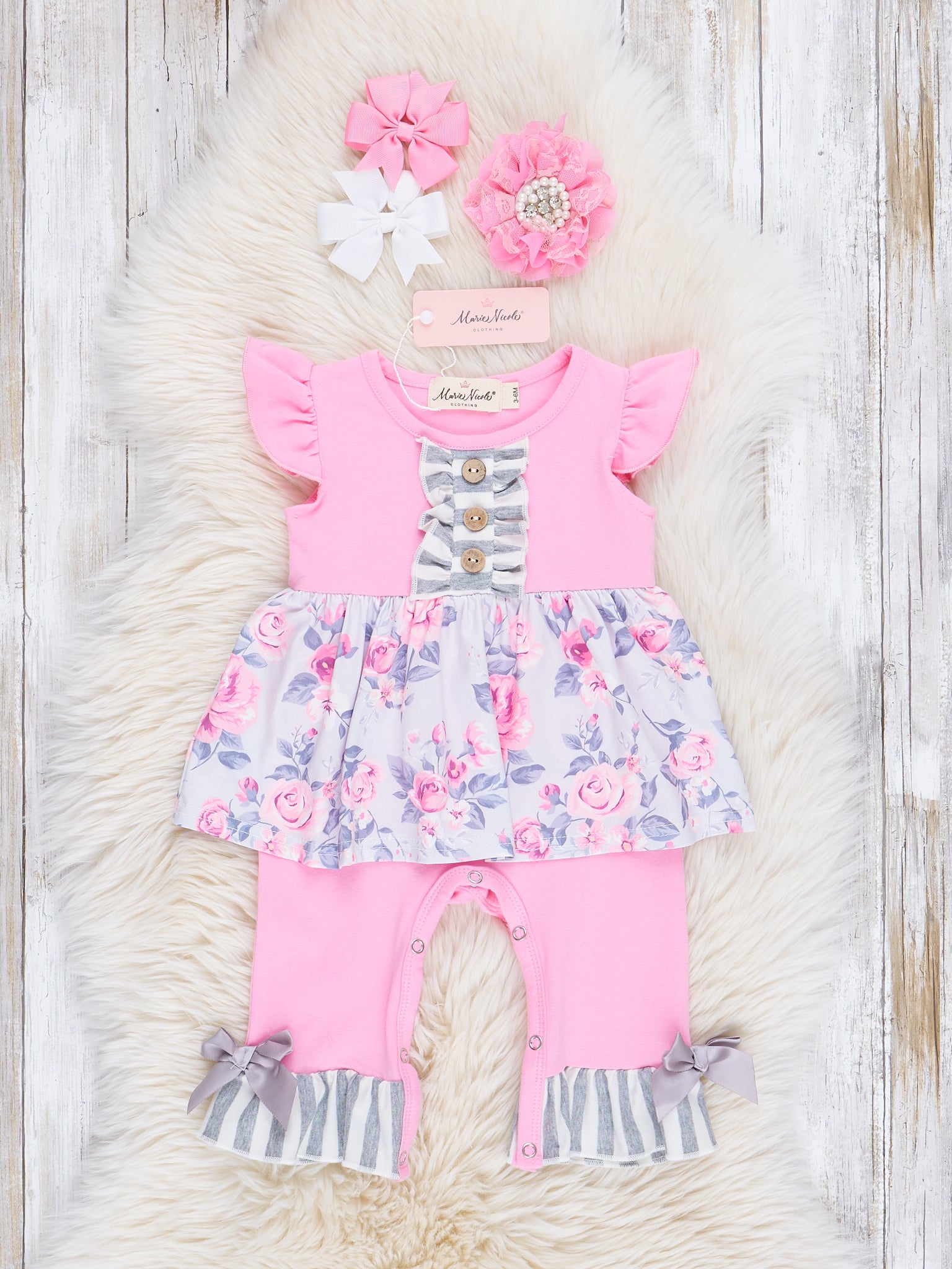 Rose Garden Striped Ruffle Romper - Marie Nicole Clothing