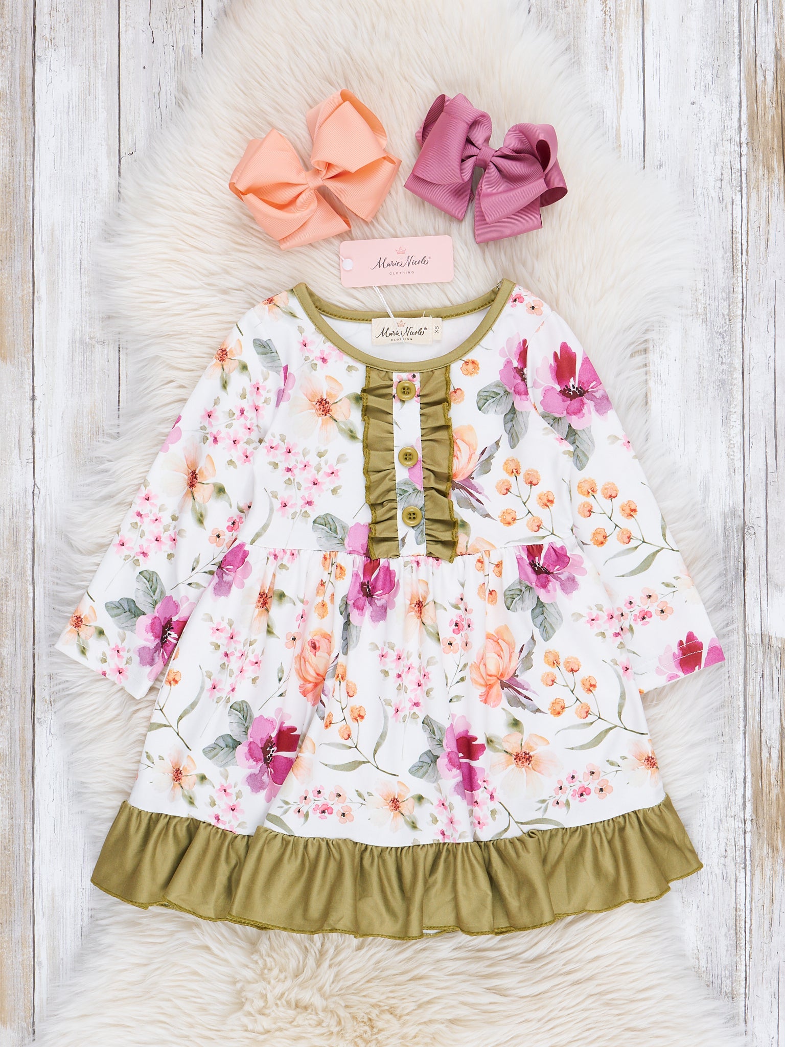 Olive Floral Garden Ruffle Dress - Marie Nicole Clothing