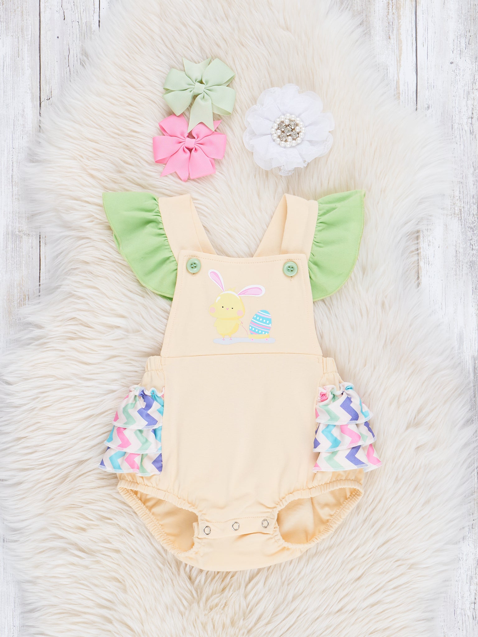 Yellow Chicks Chevron Ruffle Bubble Romper - Marie Nicole Clothing