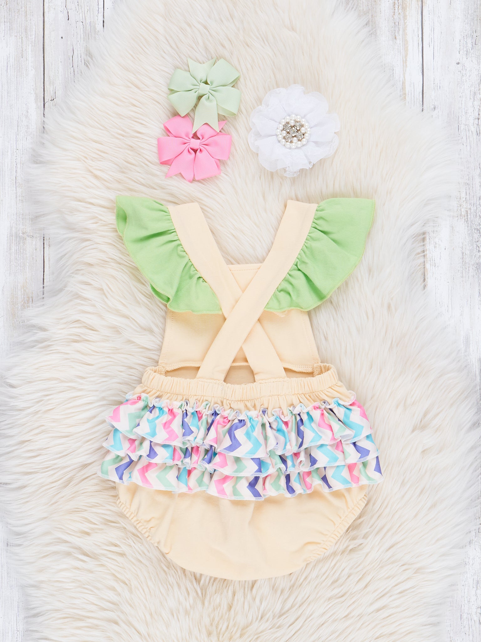 Yellow Chicks Chevron Ruffle Bubble Romper - Marie Nicole Clothing