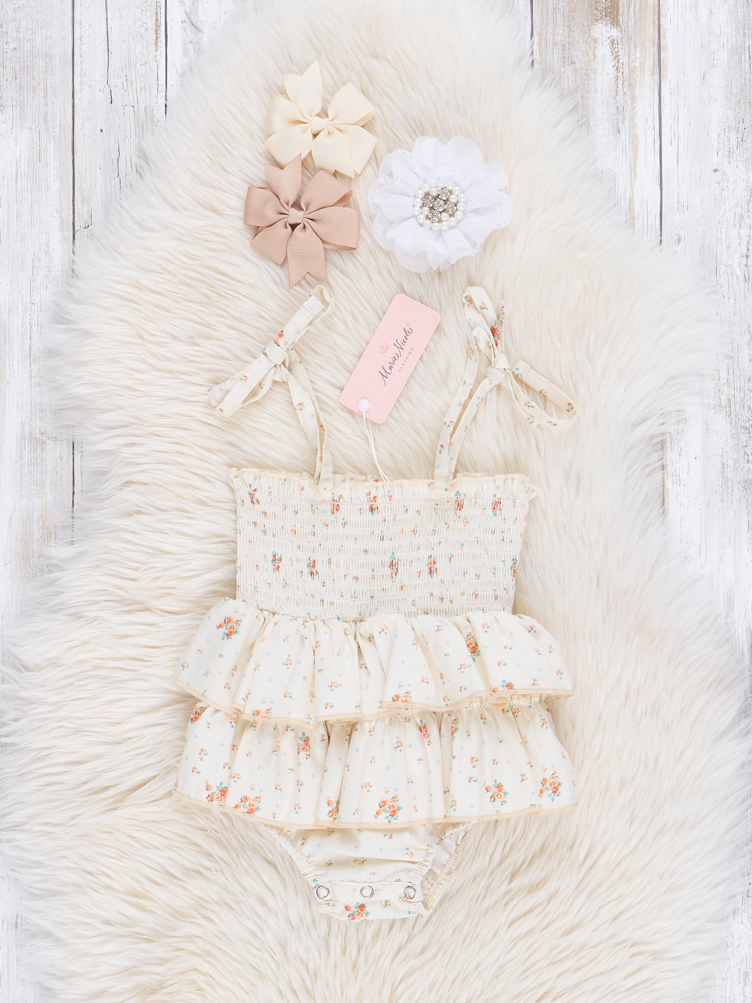 Vintage Florals Smocked Ruffle Bubble Romper - Marie Nicole Clothing